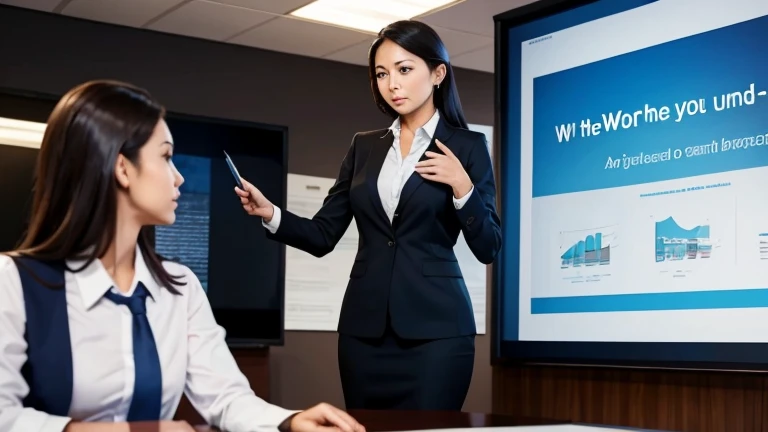 Give me a well-dressed woman giving a presentation to her boss, a american womem