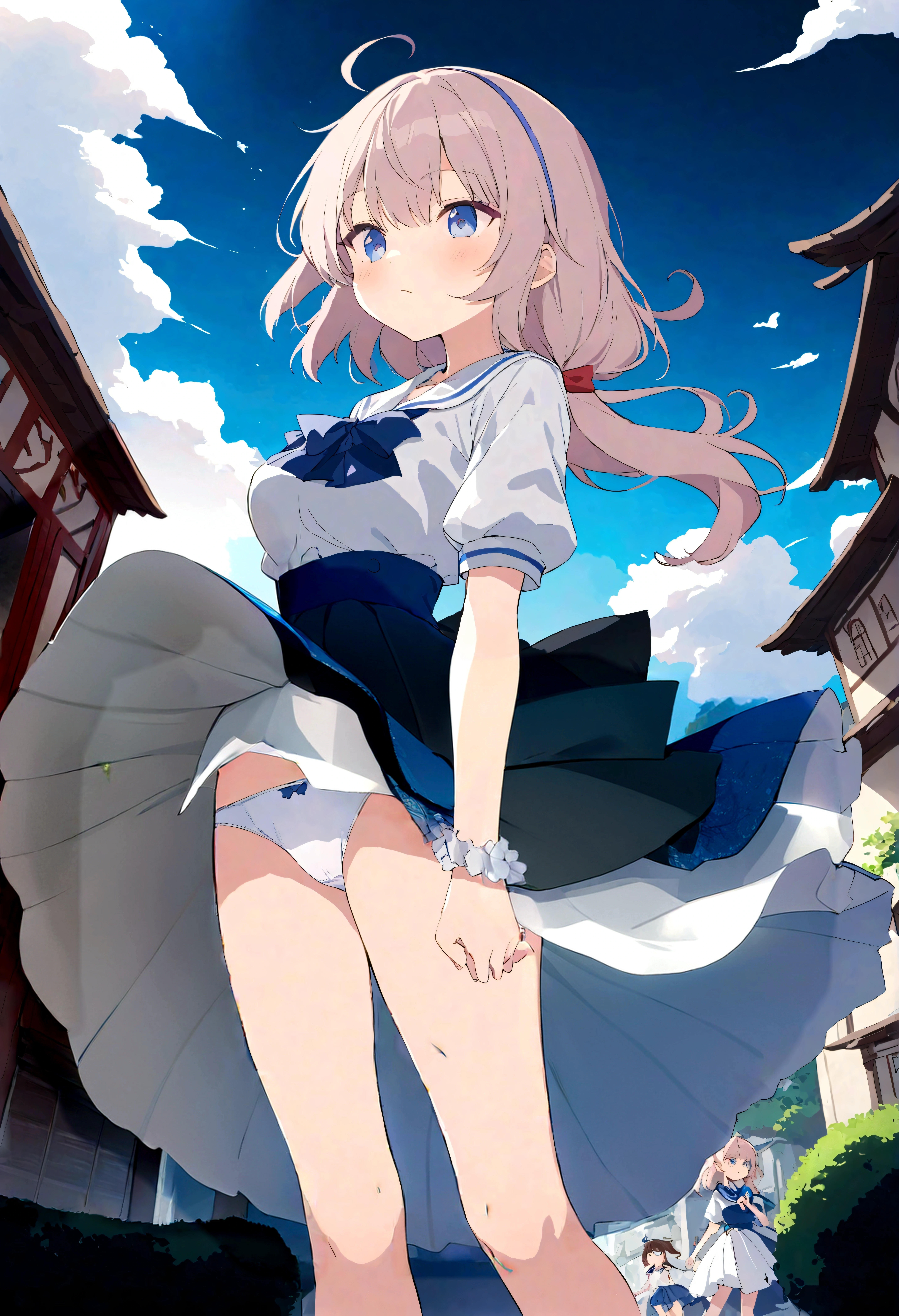The skirt is blown up by the wind、The white lining is visible、