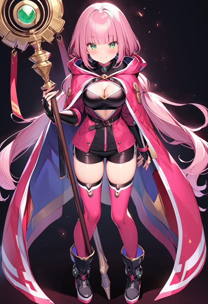 (masutepiece, Best Quality), 1girl, solo, full-body, pink-thighhighs, thighhighs, pink-hair, staff, smile, looking-at-viewer, shorts, holding, hood, breasts, holding-staff, tachi-e, cape, long-hair, black-shorts, blush, clothing-cutout, twintails, boots, standing, bridal-gauntlets, green-eyes, gloves, cleavage-cutout, cleavage, short-shorts, medium-breasts, straight-on, black-footwear, fingerless-gloves, bike-shorts, low-twintails, bangs, cloak, simple background