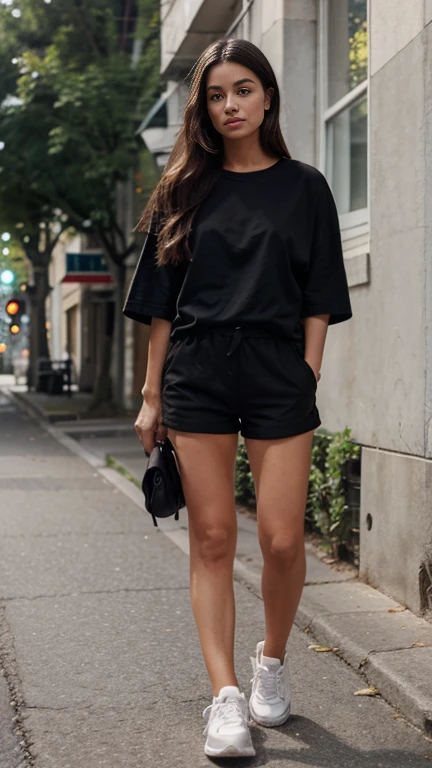 She was dressed perfectly: an oversized T-shirt, black very tight and micro shorts and casual sneakers