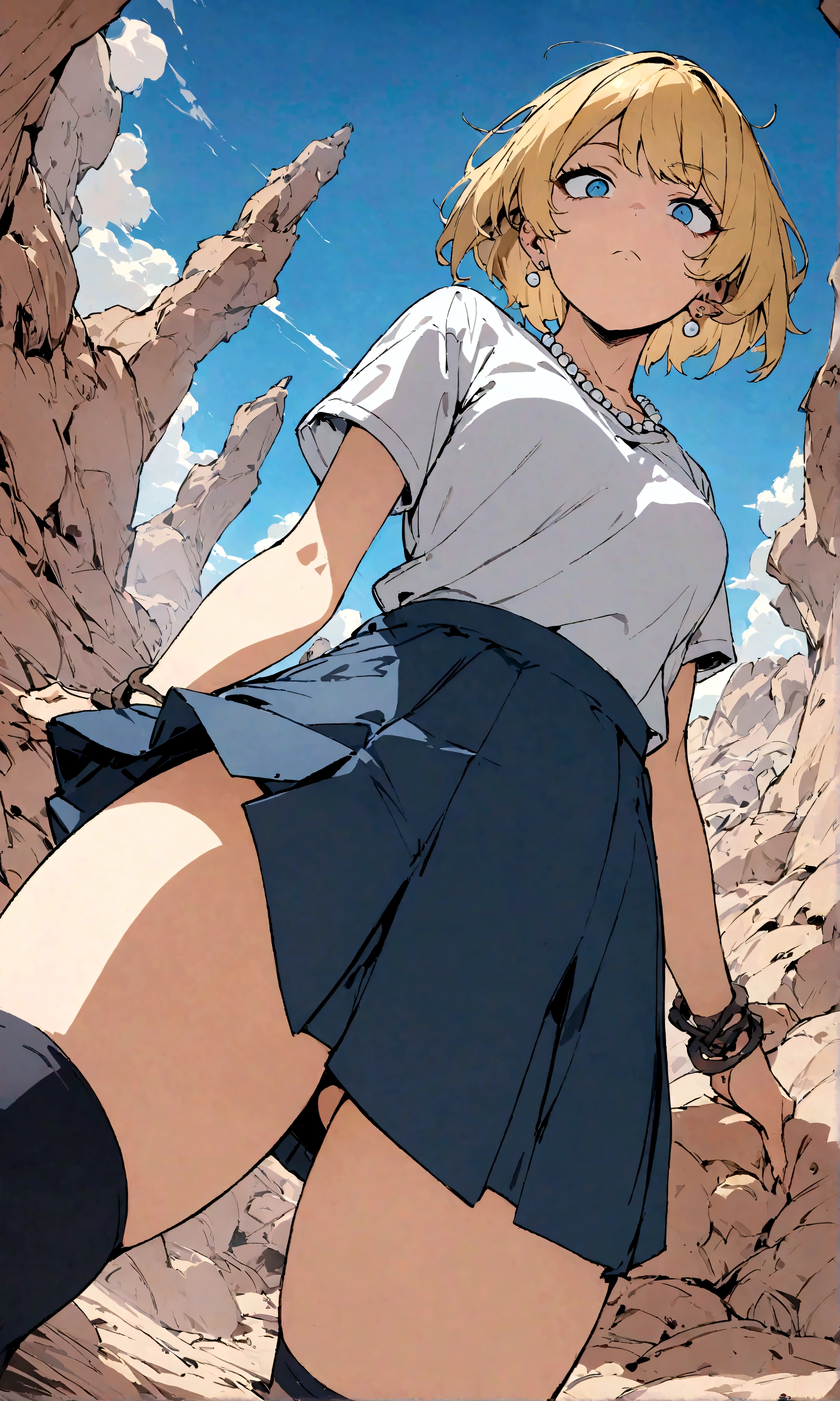 (Best quality, masterpieces, line drawings, line art:1.1),1girl,Mean Girl,blonde hair,short hair,centre parting bangs,blue eyes,sharp_eyes,slanted_eyes,Unfriendly eyes,Fierce expression,earrings,pearl necklace,White short-sleeved V-neck T-shirt with a blue denim crop jacket,Black JK Skirt, Over-the-Knee Socks,Wind, outdoors, wild wasteland,Blue sky, from an upward perspective