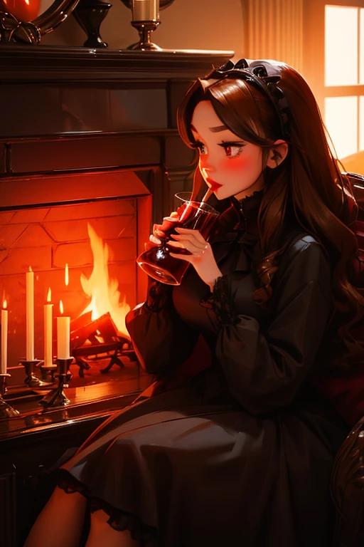A brown haired woman with red eyes and an hourglass figure in a gothic lolita dress is drinking blood by a fireplace with a blush