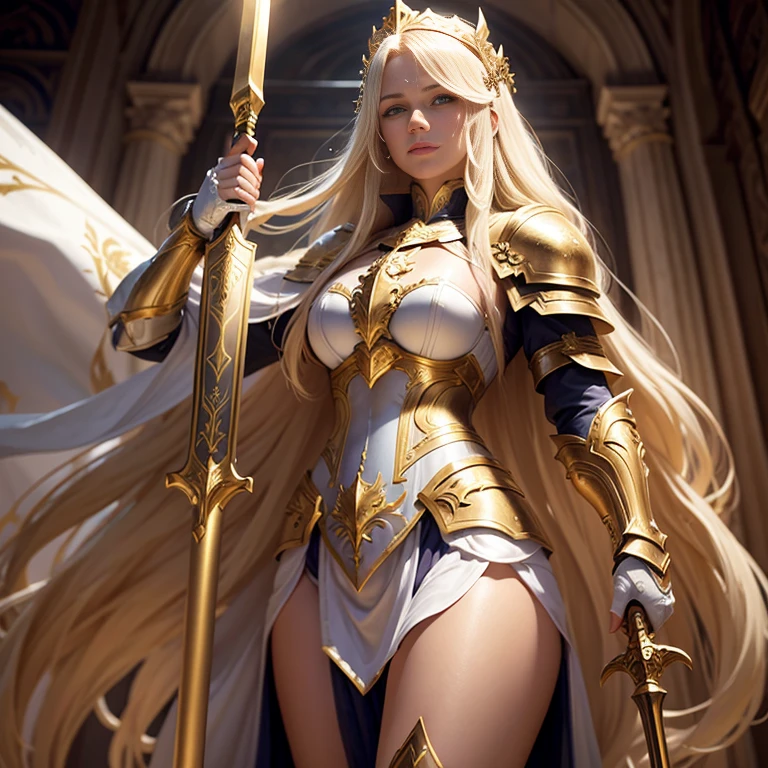 A very long blond hair paladin latin lady wearing a white elaborated intricate golden heavy paladin armor, holding a sword