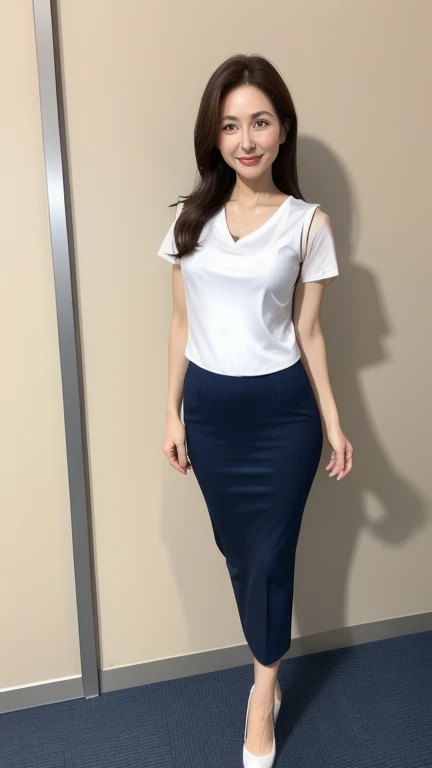 Elegant long hair、(Full body photo:1.4)、45-year-old office lady、Intelligent married woman、Beautifully detailed hair、Beautiful and detailed brown eyes、beautiful flat chest、Beautiful, clear skin、Medium chest、Office worker uniform、(White T-shirt、Shiny plain navy blue vest:1.2)、Woman&#39;s wedding ring on the ring finger of her left hand、光沢のある紺色の膝下丈くらいのOffice worker uniformのペンシルスカート、Embarrassed face,surprise,I&#39;m happy and embarrassed