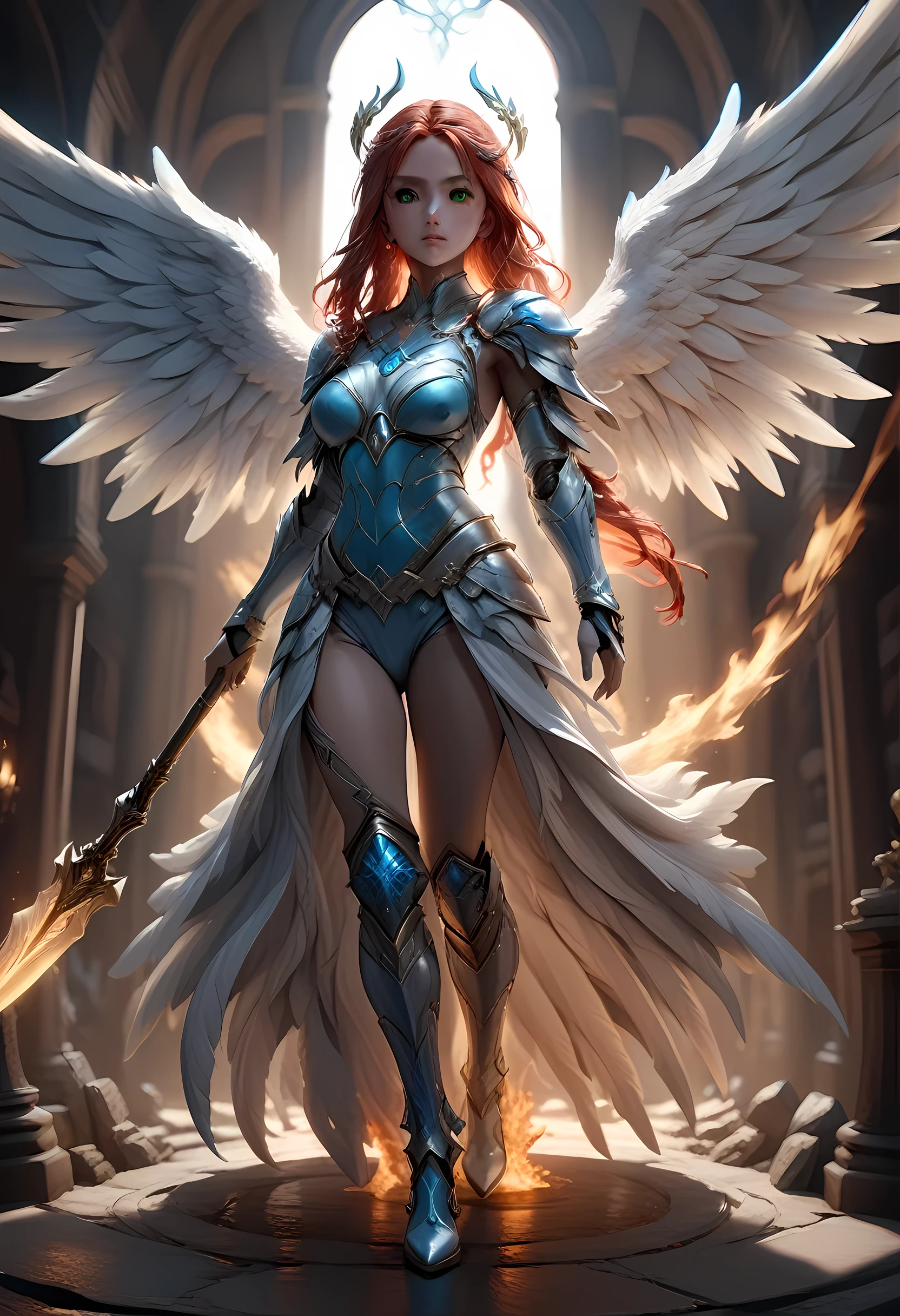 16k, ultra detailed, masterpiece, best quality, (extremely detailed), arafed, dnd art, panoramic view, full body, aasimar, female, (Masterpieceת intense details:1.3), female, sorceress, casting flaming spell(Masterpieceת intense details:1.3) large feathered wings,(white: 1.3) angelic wings spread (Masterpieceת intense details:1.3), fantasy magical heaven background (Masterpieceת intense details:1.3), moon, stars, clouds, wearing (azure: 1.3) armor (Masterpieceת intense details:1.3), high heeled boots (Masterpieceת intense details:1.3), armed with staff, (red hair: 1.4), (green eyes: 1.4), intense eyes, ultra feminine, ultra detailed face, (Masterpieceת intense details:1.5), (anatomically correct: 1.5), determined face, divine light, cinematic lighting, soft light, silhouette, photorealism, panoramic view ((Masterpieceת intense details:1.3) , Wide-Angle, Ultra-Wide Angle, 16k, highres, best quality, faize, 2.5D rendering, angel