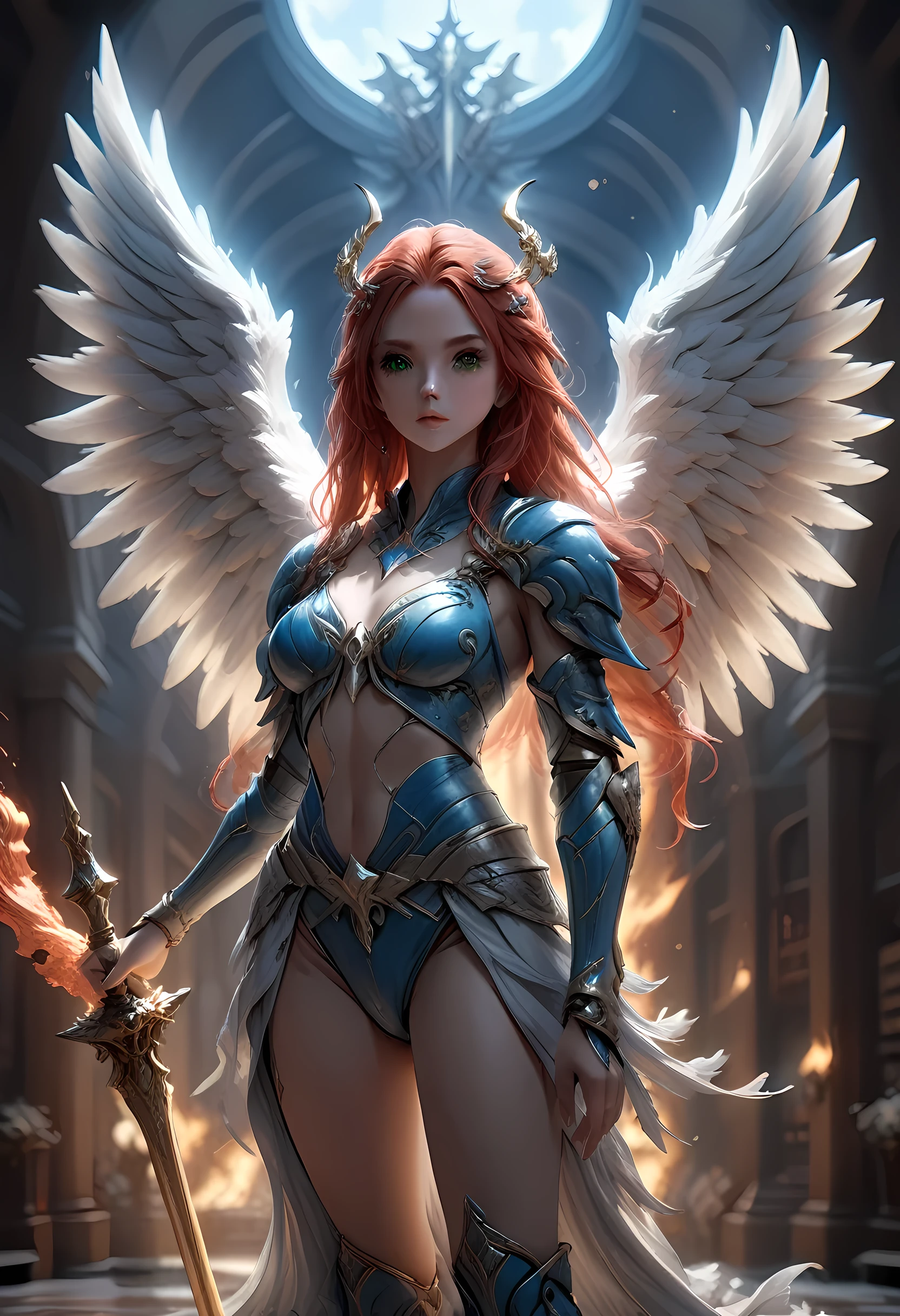 16k, ultra detailed, masterpiece, best quality, (extremely detailed), arafed, dnd art, panoramic view, full body, aasimar, female, (Masterpieceת intense details:1.3), female, sorceress, casting flaming spell(Masterpieceת intense details:1.3) large feathered wings,(white: 1.3) angelic wings spread (Masterpieceת intense details:1.3), fantasy magical heaven background (Masterpieceת intense details:1.3), moon, stars, clouds, wearing (azure: 1.3) armor (Masterpieceת intense details:1.3), high heeled boots (Masterpieceת intense details:1.3), armed with staff, (red hair: 1.4), (green eyes: 1.4), intense eyes, ultra feminine, ultra detailed face, (Masterpieceת intense details:1.5), (anatomically correct: 1.5), determined face, divine light, cinematic lighting, soft light, silhouette, photorealism, panoramic view ((Masterpieceת intense details:1.3) , Wide-Angle, Ultra-Wide Angle, 16k, highres, best quality, faize, 2.5D rendering, angel