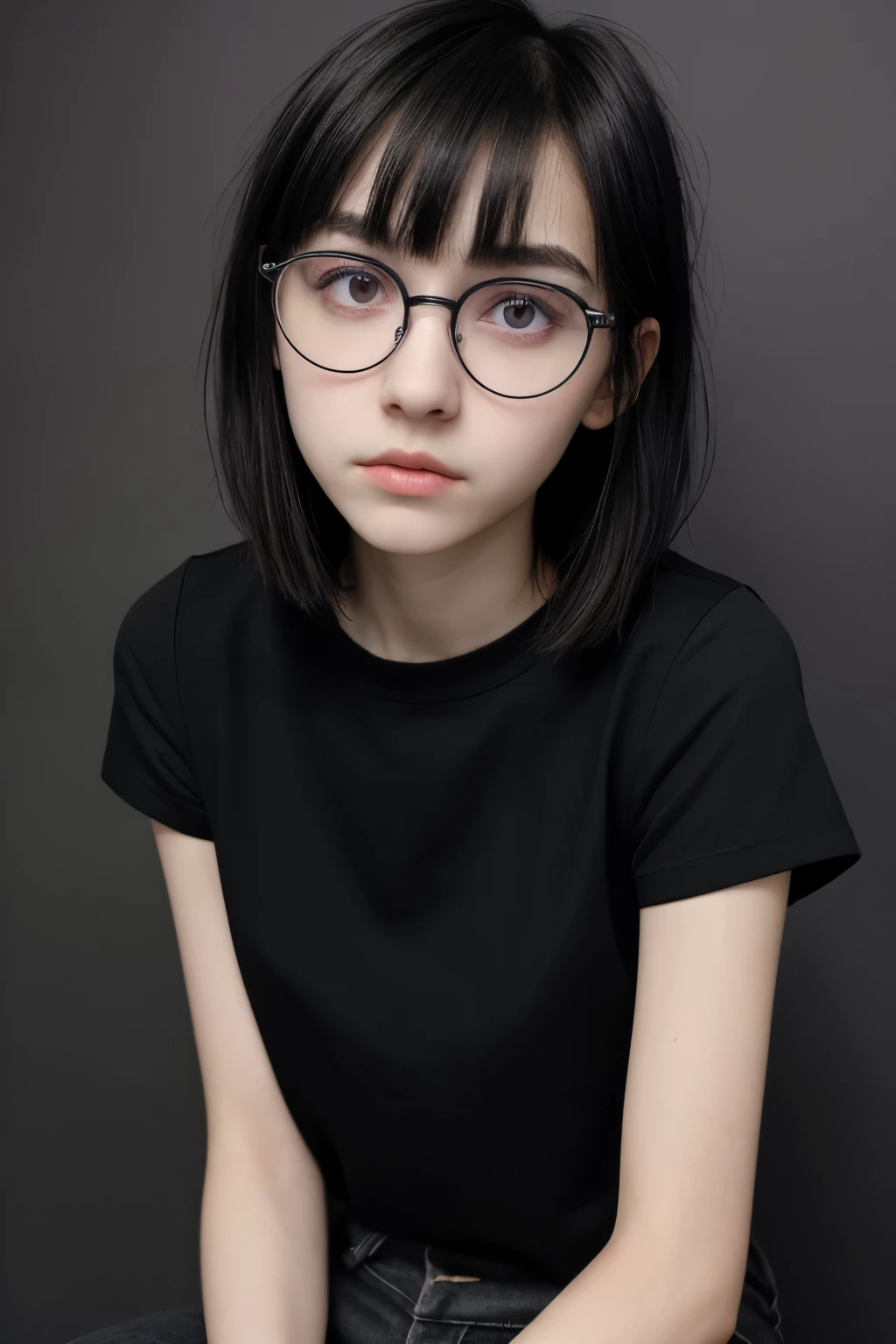  girl. thin, thin body, black clothes, black hair, dark hair, short hair, bangs. round glasses. thin face. thin neck. dark circles, sad and tired face, western face, violet eyes, tired and droopy look. black top, black pants, boredom. grey background.