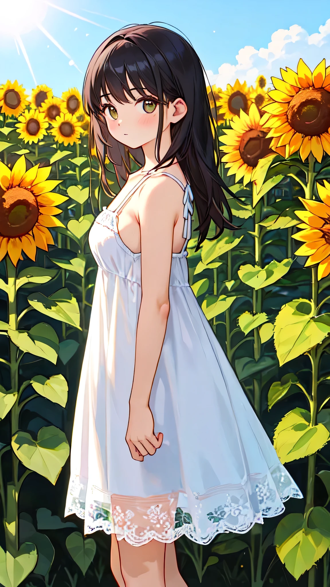 Obra de arte ,melhor qualidade, Uma linda mulher com luz filtrando delicadamente pelo cabelo ruivo, her sundress is beautiful and she is standing in front of a sunflower field