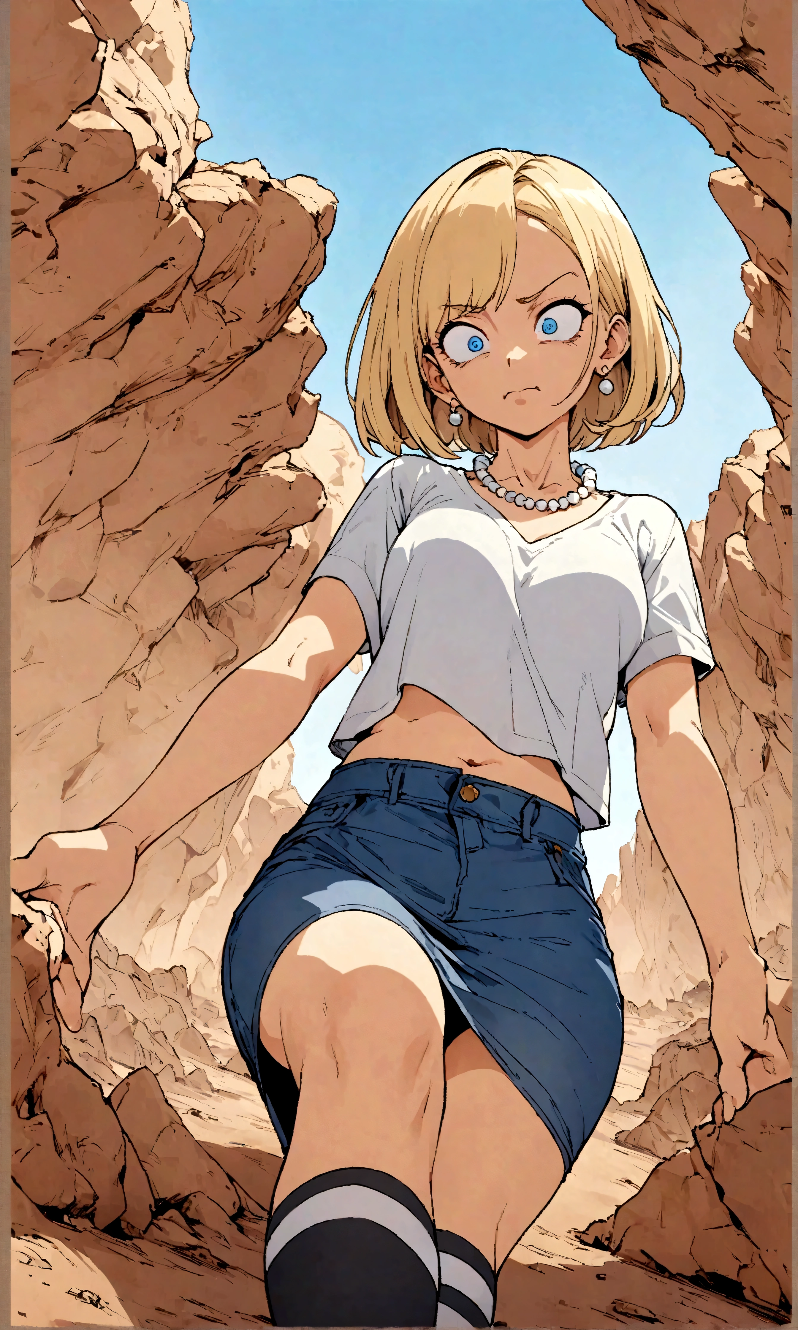 (Best quality, masterpieces, line drawings, line art,by Akira Toriyama:1.1),1girl,Mean Girl,blonde hair,short hair,centre parting bangs,blue eyes,sharp_eyes,slanted_eyes,Unfriendly eyes,Fierce expression,earrings,pearl necklace,White short-sleeved V-neck T-shirt with a blue denim crop jacket,Black JK Skirt, Over-the-Knee Socks,Wind, outdoors, wild wasteland,Blue sky, from an upward perspective
