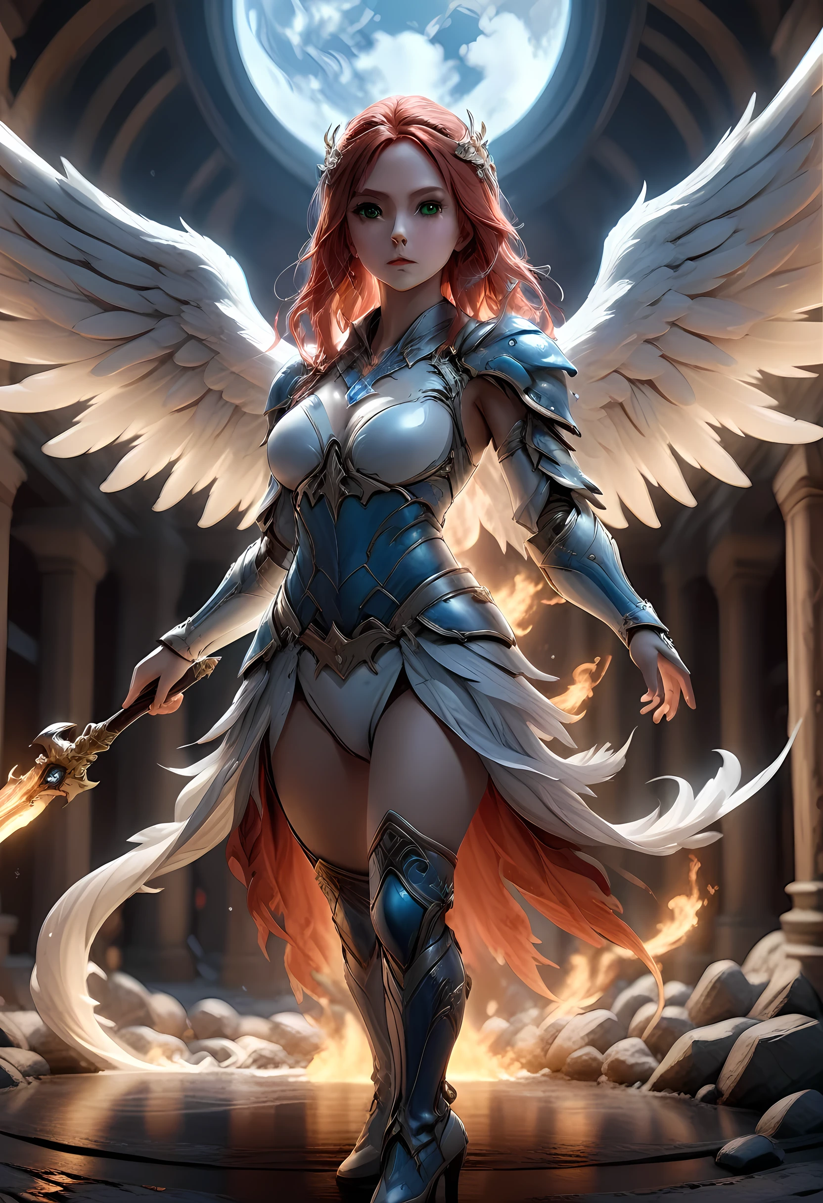 16k, ultra detailed, masterpiece, best quality, (extremely detailed), arafed, dnd art, panoramic view, full body, aasimar, female, (Masterpieceת intense details:1.3), female, sorceress, casting flaming spell(Masterpieceת intense details:1.3) large feathered wings,(white: 1.3) angelic wings spread (Masterpieceת intense details:1.3), fantasy magical heaven background (Masterpieceת intense details:1.3), moon, stars, clouds, wearing (azure: 1.3) armor (Masterpieceת intense details:1.3), high heeled boots (Masterpieceת intense details:1.3), armed with staff, (red hair: 1.4), (green eyes: 1.4), intense eyes, ultra feminine, ultra detailed face, (Masterpieceת intense details:1.5), (anatomically correct: 1.5), determined face, divine light, cinematic lighting, soft light, silhouette, photorealism, panoramic view ((Masterpieceת intense details:1.3) , Wide-Angle, Ultra-Wide Angle, 16k, highres, best quality, faize, 2.5D rendering, angel