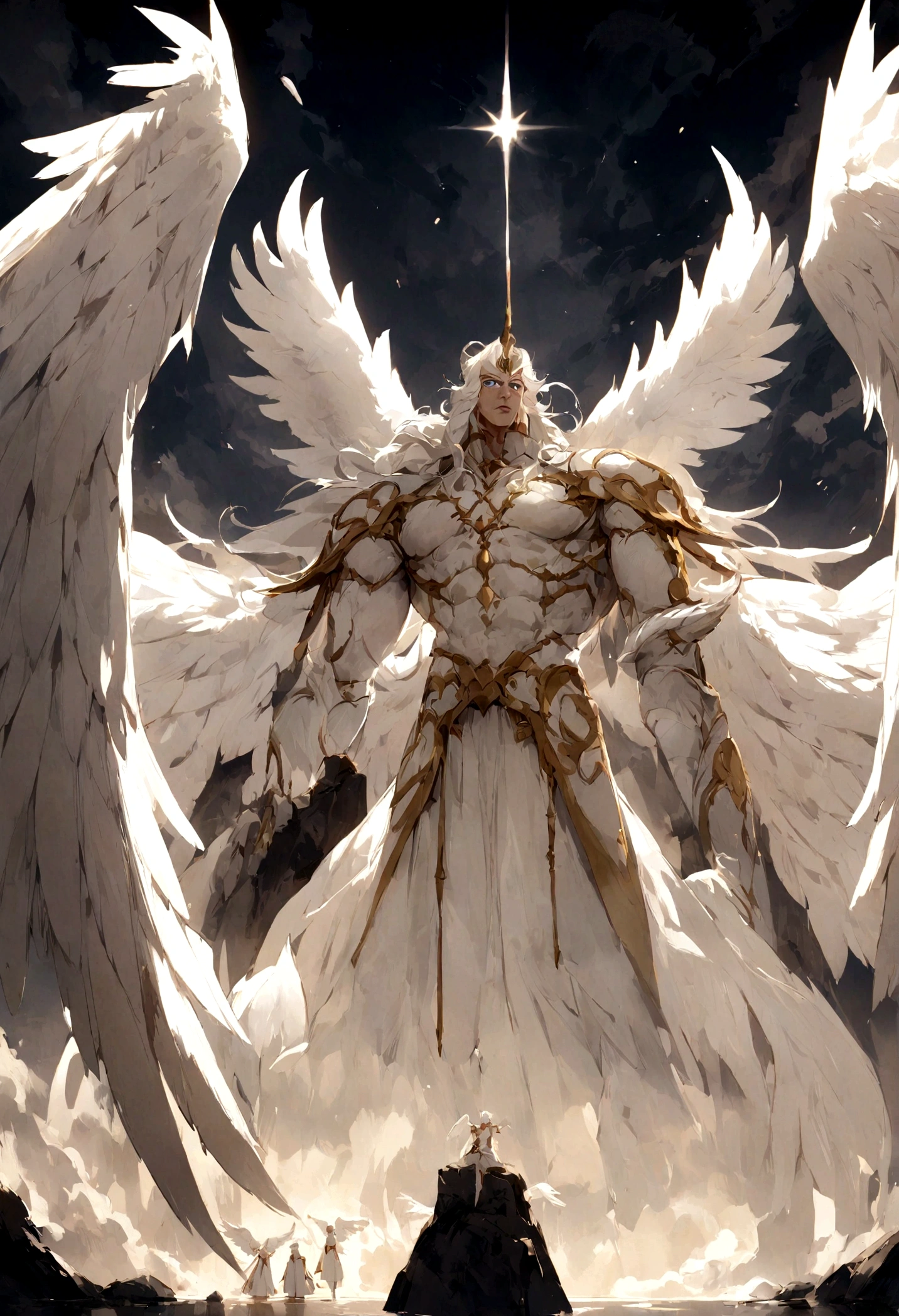 Anjo, masculine appearance, olhos flamejantes, three pairs of white wings,