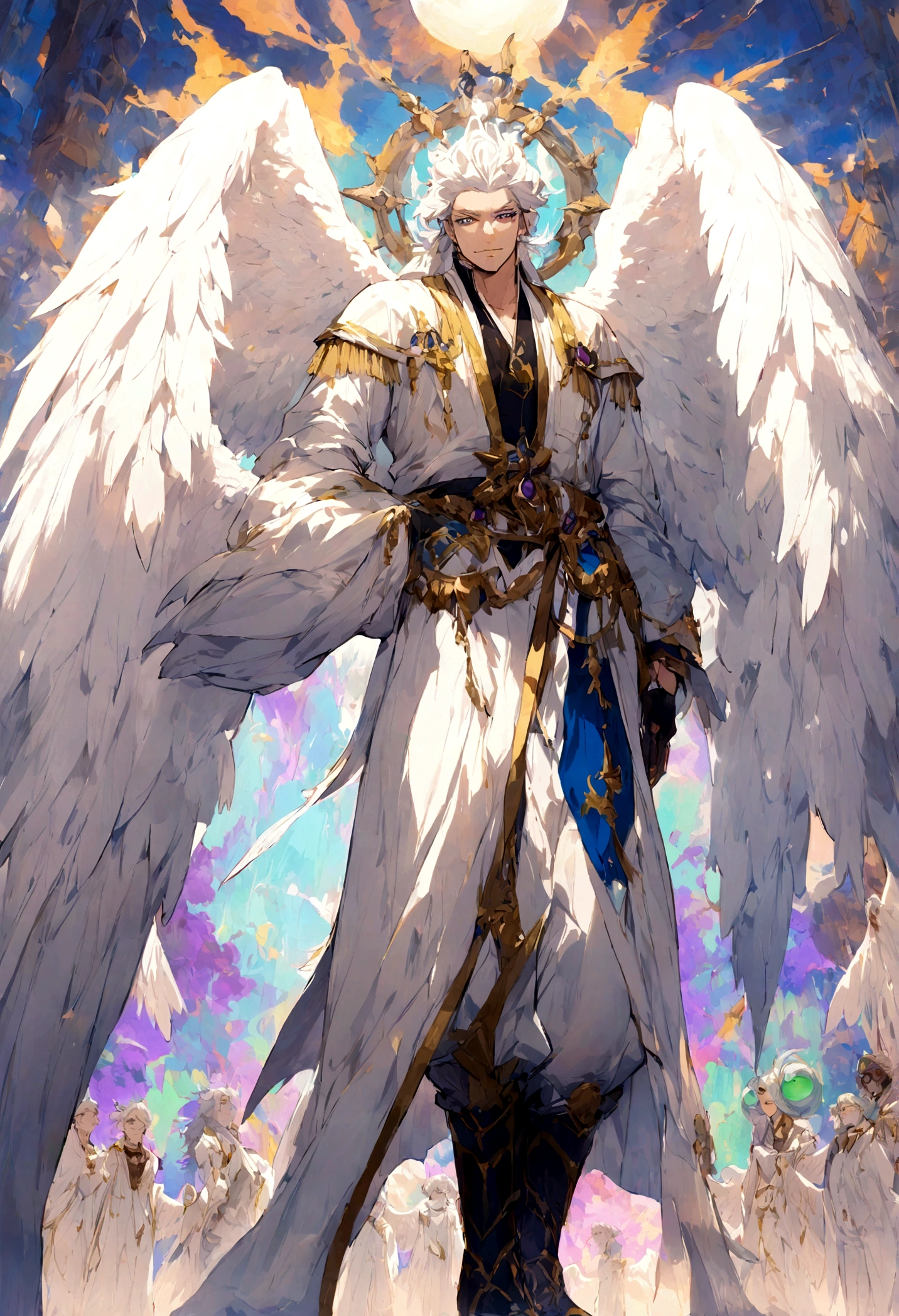 Anjo, masculine appearance, olhos flamejantes, three pairs of white wings,