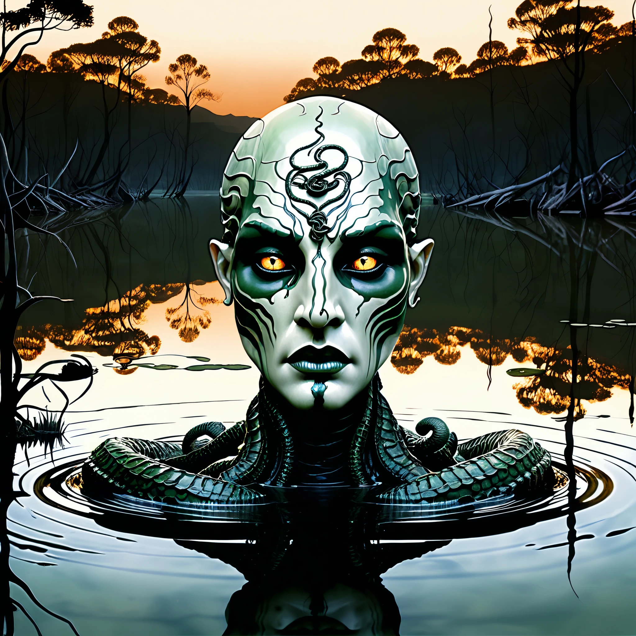 Medusa, emerging from the still water of the lake, his simple gorgon face is reflected in the water's surface like (face, ornate black metal corpse painting, se parece com Grace Jones), reflexo perfeito, show detailed expressive reflection, compressed home page comic cover art, double exposure movie poster, optical illusion, imagem dentro da imagem, candid, ((estilo de arte expressivo Joelle Jones e "Sean Gordon Murphy" comic drawing)), black empty abyss without visibility darkness, full corpo portrait, vestido de pele de cobra, (Fundo, pinheiros, entropia, renaturalization, magic hour sunset with galaxy stars, cosmos), (Horror, abstrato, surreal, corpo, cosmic), corpo drawn in Frederic Delavier musculature anatomical illustration art style, (corpo, Naga, pessoas cobra, hybrid snake woman, Careca, Calvo, esqueleto, tatuagens de pele de cobra, Olhos penetrantes, Alunos de Cobra), (cores, mesclar sombrio silenciado profundo ardente radiante brilhante ROYGBIV, verde floresta a marrom terra), nuance de artesanato, (artistic style Gerardo Zaffino charcoal), Subliminal orchids, nictofobia, (sem palavras, single image),