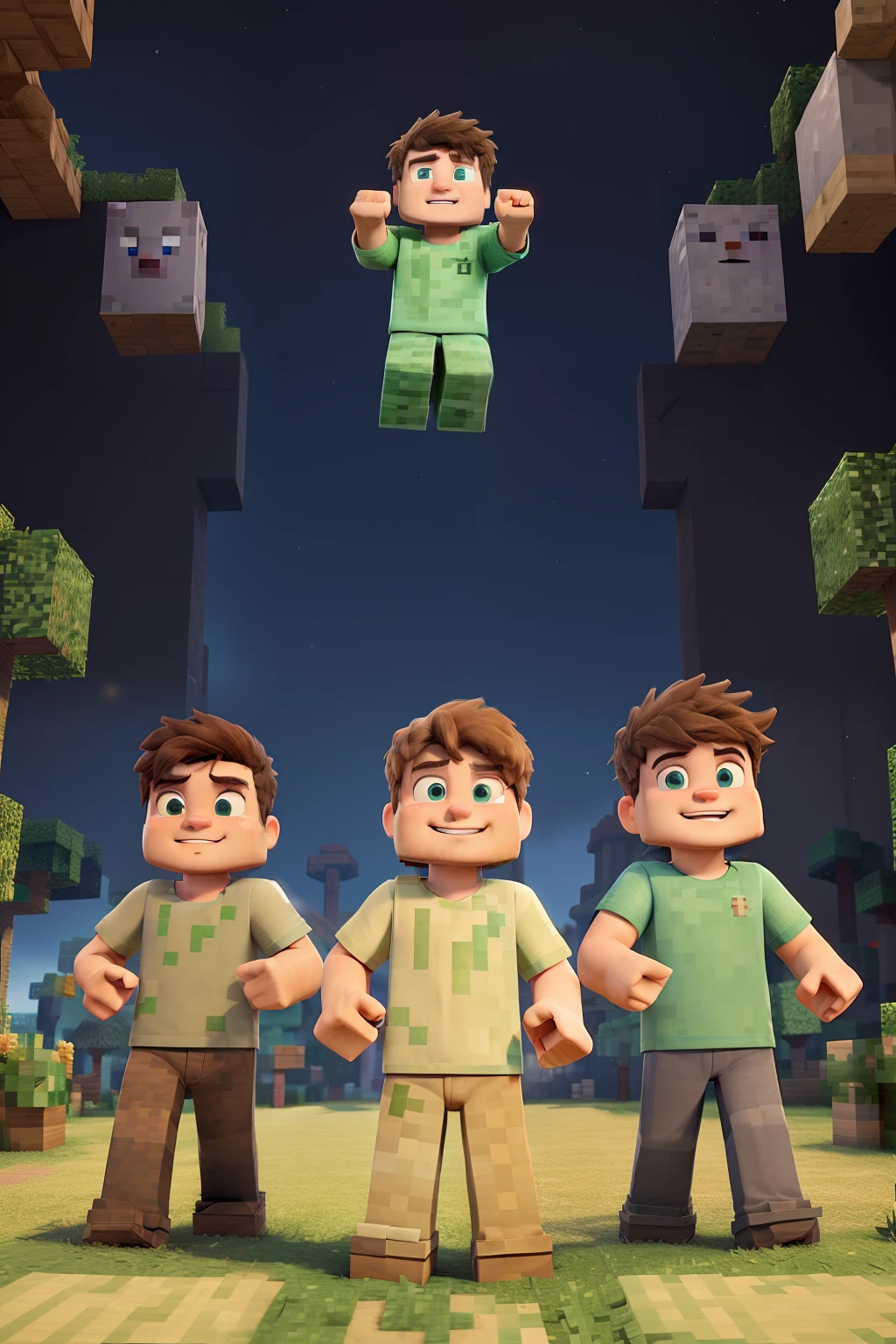 ((melhor qualidade)), desenho, (detalhado), 3 Jogadores de minecraft esplorando o mundo, uma mulher dois homens, nome "Reino dos Blocos" as image title.