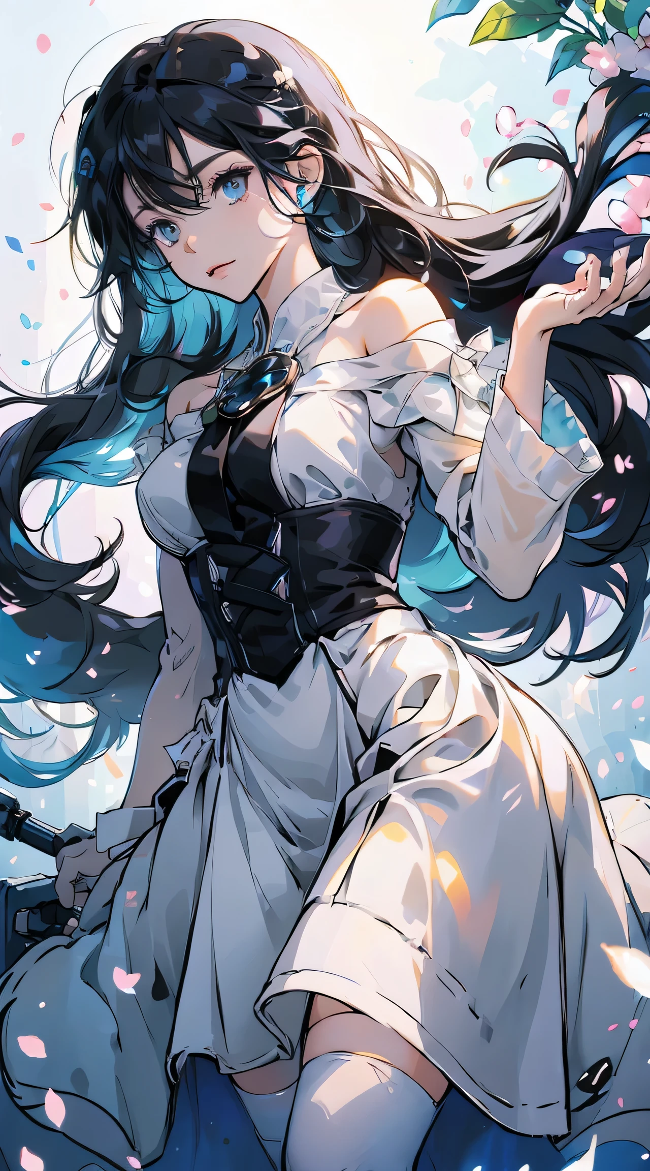 (Young woman),(black hair), (rich and colorful hair),medium breasts,(black hair), rich and colorful, (crystal),brilliant, soft light, shining hair, Stunning iridescent hair and stunning eyes,Tender face,tender eyes,The style of watercolor painting is、Bring a dreamy quality to your work, Dance with color combination, The hair of long-haired girls has a rainbow color scheme., Each shade smoothly flows into the next.,detailed face, tender eyes, Simple white dress, Crystal Flower, Around the flowers, Cup of flowers,Female Kirito,Black Stockings