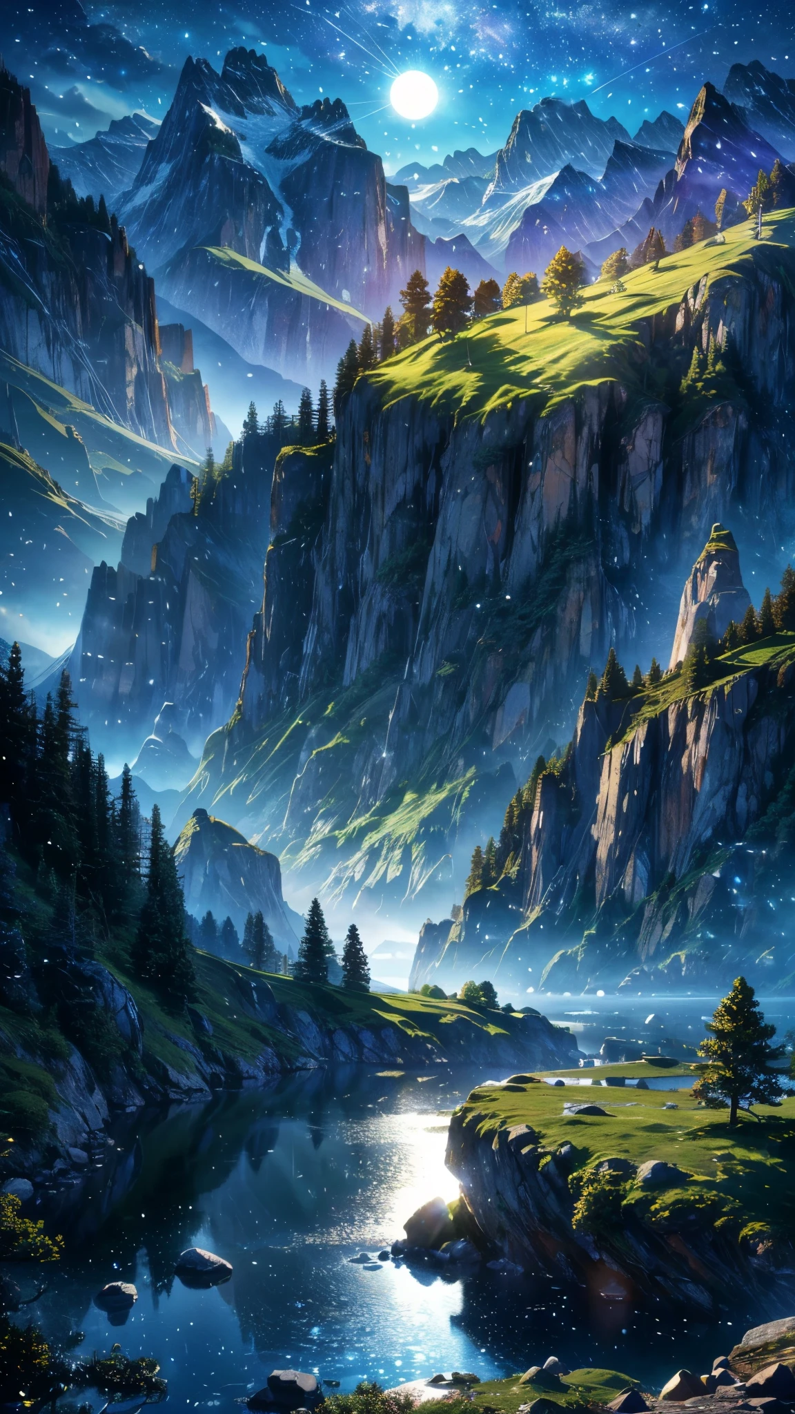.(Logo, Awesome, 8K, Tabletop, Raw Photo, Awesome, Top Quality, High Quality, Highly Detailed, Particle Effects, Dynamic Effects, Raytracing, Tabletop, Realistic, Ultra HD, Fantasy), Wind, Story Poetry, the beauty and brilliance of mountains and forests, the silence and beauty of the grasslands and vast lands of the world, night, full moon, lakeside, wonderful scenery, beautiful natural scenery.