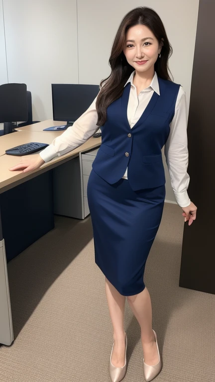 Elegant long hair、(Full body photo:1.4)、45-year-old office lady、Intelligent married woman、Beautifully detailed hair、Beautiful and detailed brown eyes、beautiful flat chest、Beautiful, clear skin、Medium chest、Office worker uniform、Shiny plain navy blue vest、Woman's wedding ring on the ring finger of her left hand、光沢のある紺色の膝下丈くらいのOffice worker uniformのペンシルスカート、Embarrassed face,surprise,I'm happy and embarrassed