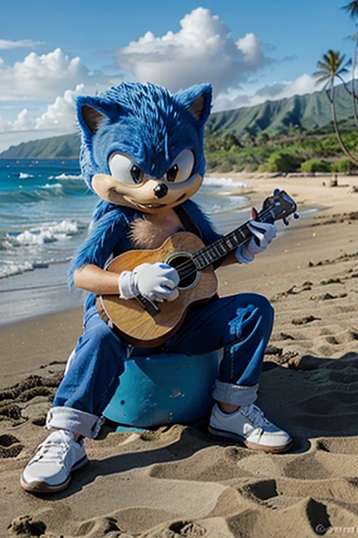 an blue hedgehog like the sonic style, playing an ukulele in a beach in hawaii