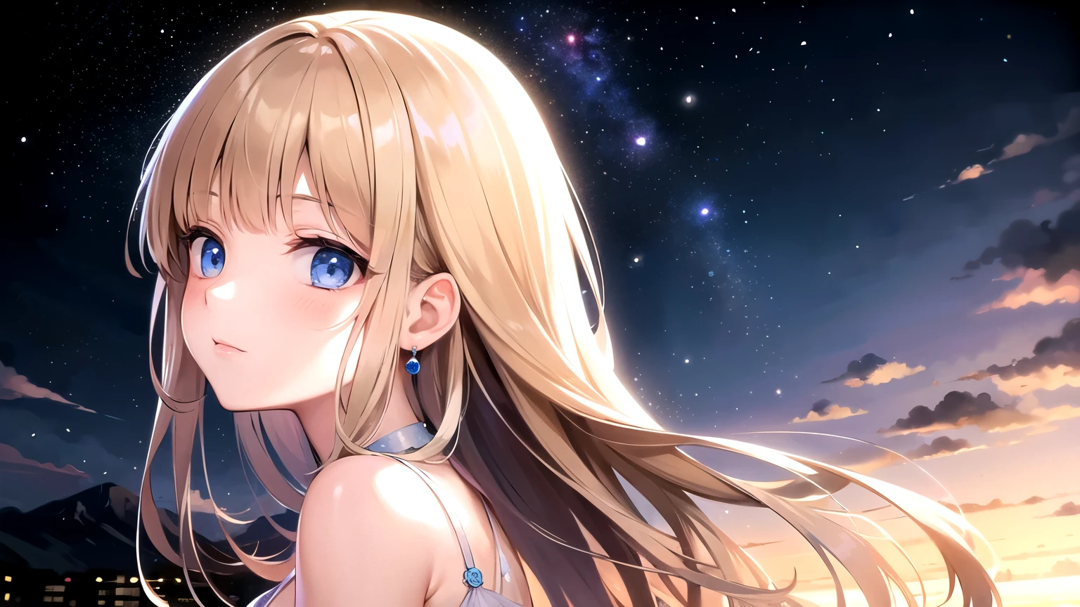 ((highest quality)), ((masterpiece)), (detailed), Perfect Face、One Girl、Light Brown Hair、Long Hair、Looking up at the night sky、Bangs、Blue Eyes、Light in the eyes、Close your mouth、girl,blunt bangs、White dress、shutting eyes、profile、Cami dress
