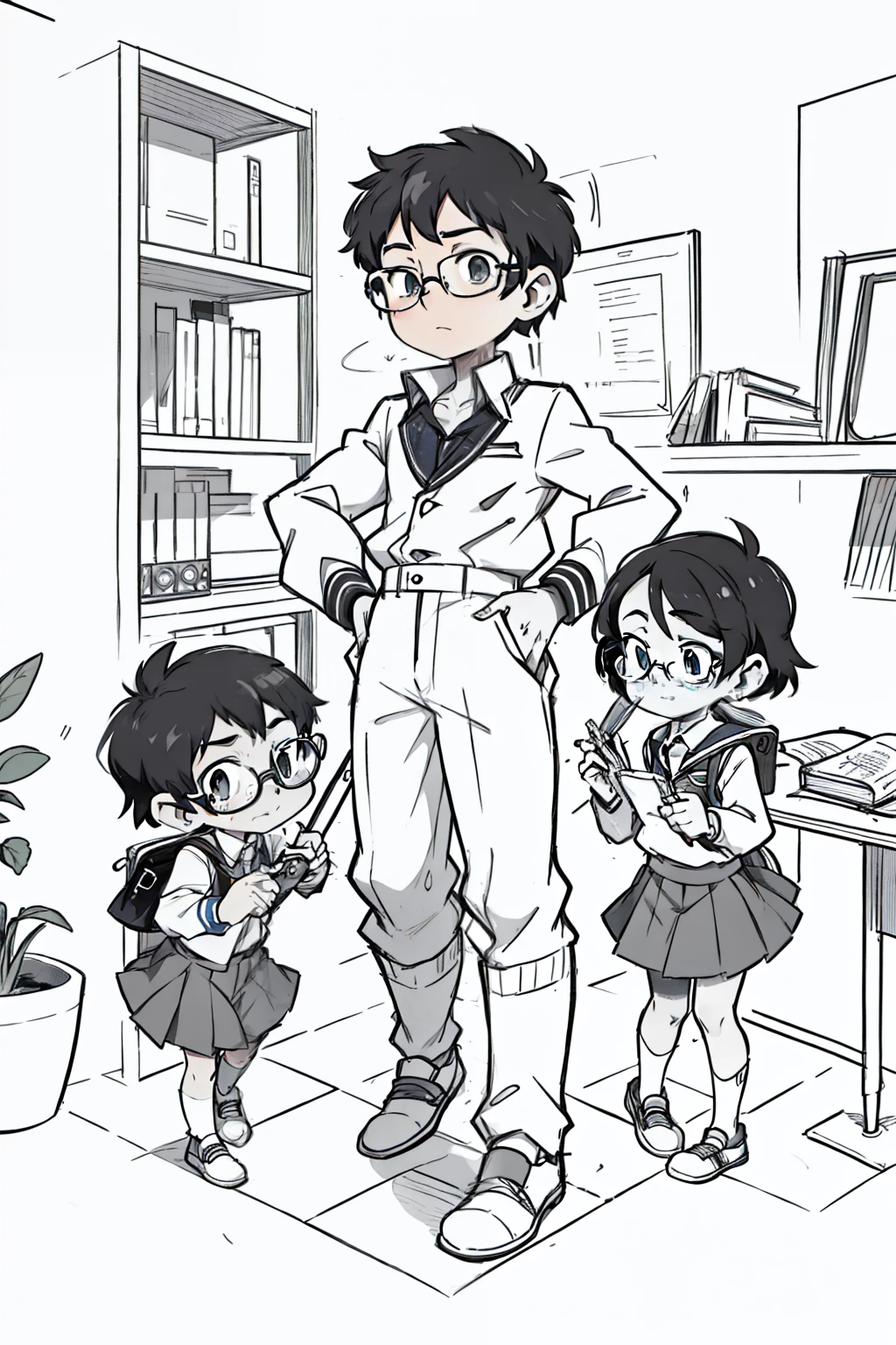 monocromo, escala de grises, a boy with glasses going to school and sees geometric figures