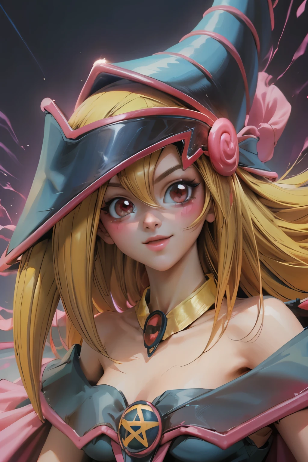 Crea el hermoso rostro de dark magician gils. Ojos azules. Labios rosados. Tes blanca. Cabello rubio. girl smile. Hombros destapados. Collar en el cuello. Rostro de dark magician gils