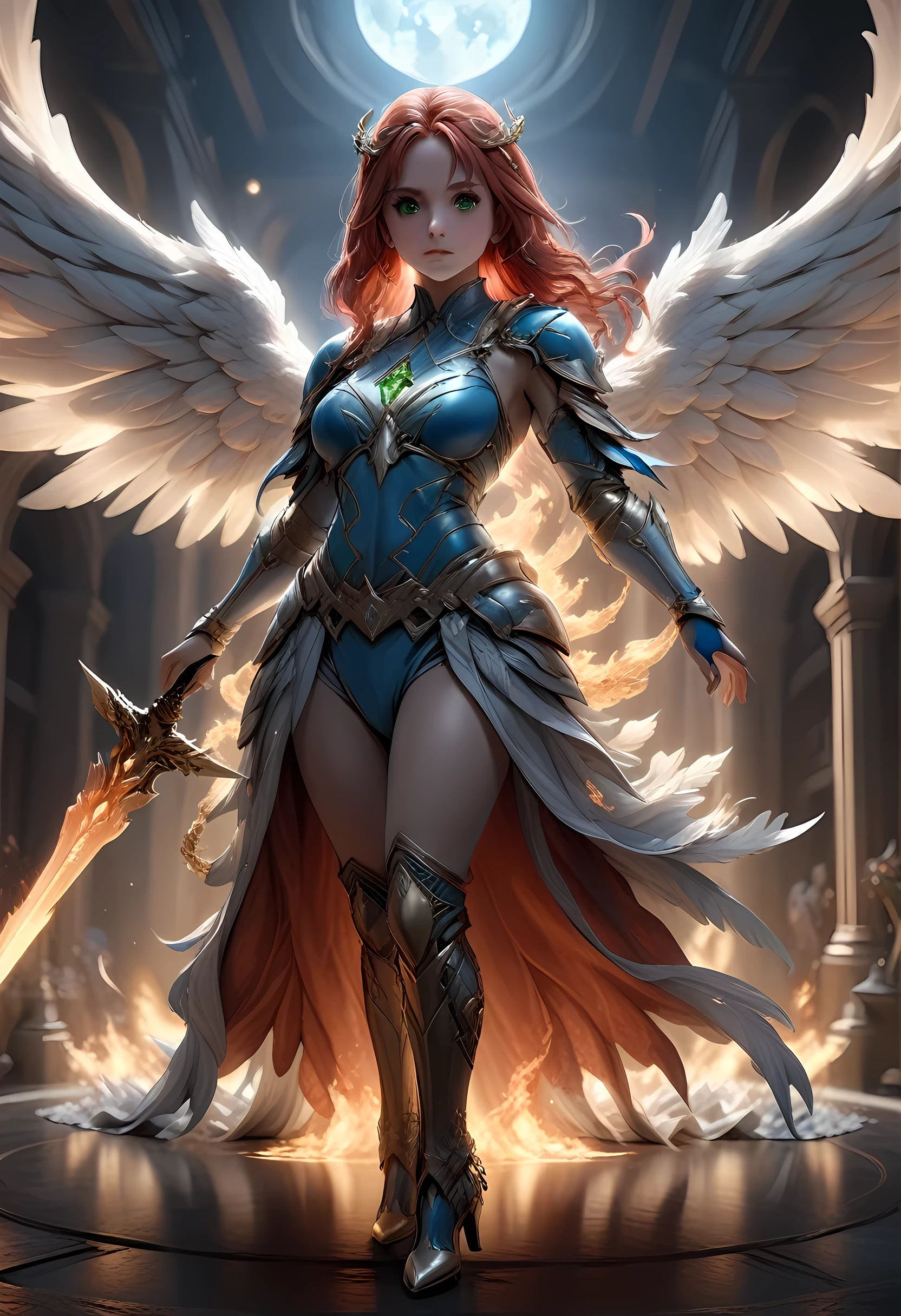 16k, ultra detailed, masterpiece, best quality, (extremely detailed), arafed, dnd art, panoramic view, full body, aasimar, female, (Masterpieceת intense details:1.3), female, sorceress, casting flaming spell(Masterpieceת intense details:1.3) large feathered wings,(white: 1.3) angelic wings spread (Masterpieceת intense details:1.3), fantasy magical heaven background (Masterpieceת intense details:1.3), moon, stars, clouds, wearing (azure: 1.3) armor (Masterpieceת intense details:1.3), high heeled boots (Masterpieceת intense details:1.3), armed with staff, (red hair: 1.4), (green eyes: 1.4), intense eyes, ultra feminine, ultra detailed face, (Masterpieceת intense details:1.5), (anatomically correct: 1.5), determined face, divine light, cinematic lighting, soft light, silhouette, photorealism, panoramic view ((Masterpieceת intense details:1.3) , Wide-Angle, Ultra-Wide Angle, 16k, highres, best quality, faize, 2.5D rendering, angel