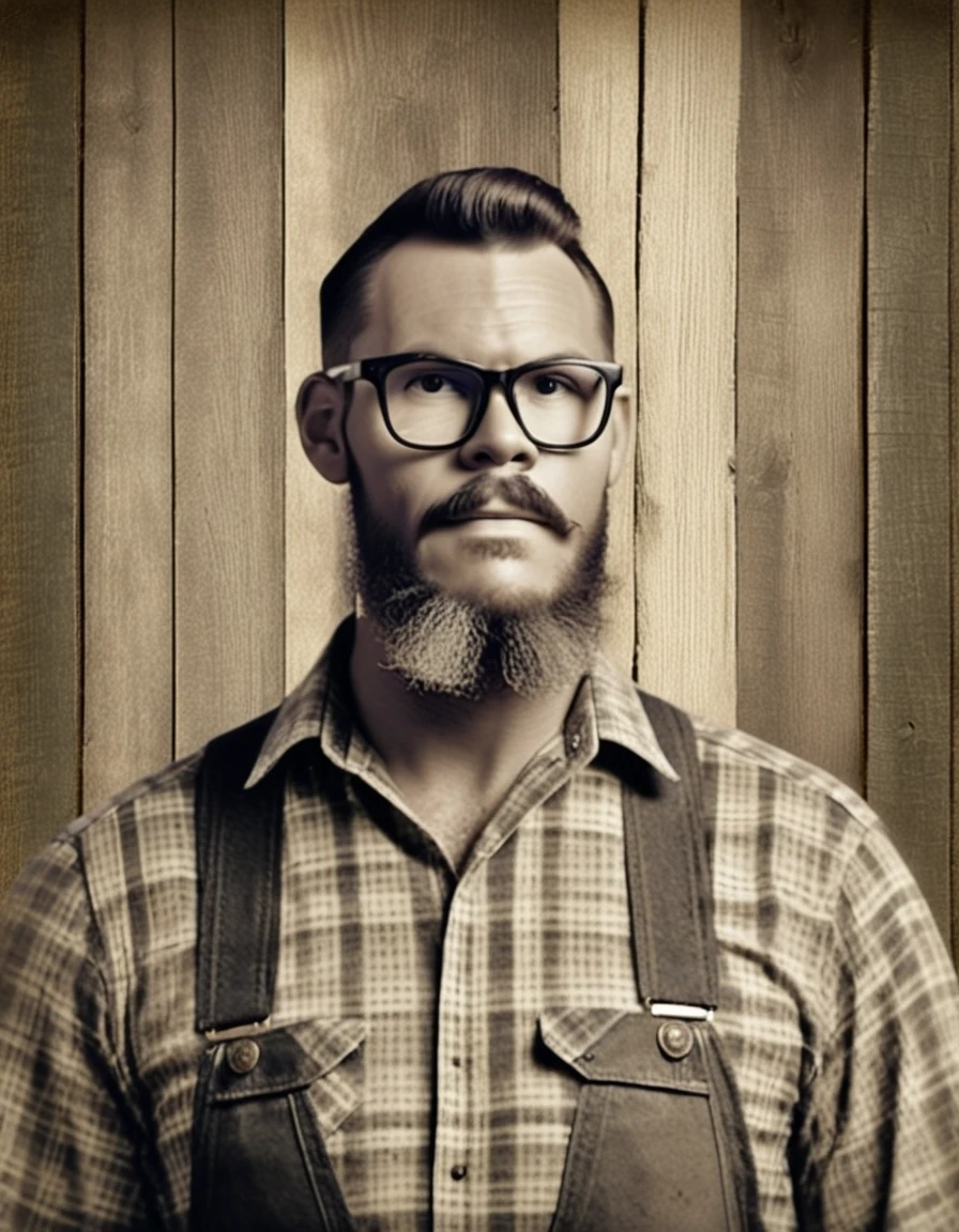 Create a vintage sepia-toned photograph of the rugged lumberjack, now adorned with a pair of classic glasses that add a touch of sophistication to his appearance. The image features the characteristic worn-out look of analog photography, with grainy textures and faded edges reminiscent of aged film. The sepia tones imbue the portrait with a nostalgic warmth, while the scratches and imperfections add a sense of authenticity to the vintage aesthetic. Against the backdrop of the rustic wooden wall, the lumberjack's timeless charm is accentuated by the weathered surroundings, making this photograph a timeless piece of art that captures the essence of a bygone era.
gutto2024sdxl