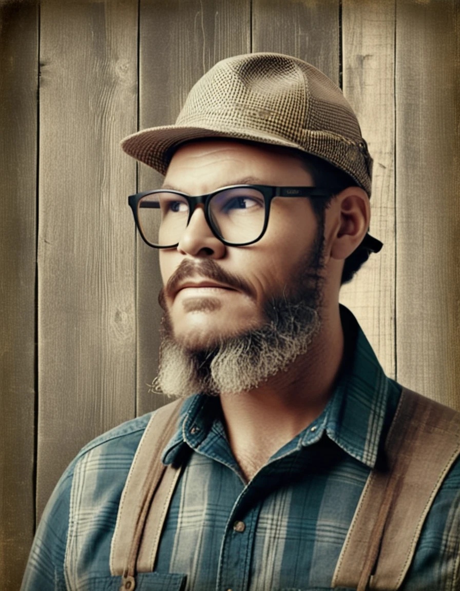 Create a vintage sepia-toned photograph of the rugged lumberjack, now adorned with a pair of classic glasses that add a touch of sophistication to his appearance. The image features the characteristic worn-out look of analog photography, with grainy textures and faded edges reminiscent of aged film. The sepia tones imbue the portrait with a nostalgic warmth, while the scratches and imperfections add a sense of authenticity to the vintage aesthetic. Against the backdrop of the rustic wooden wall, the lumberjack's timeless charm is accentuated by the weathered surroundings, making this photograph a timeless piece of art that captures the essence of a bygone era.

gutto2024sdxl 
