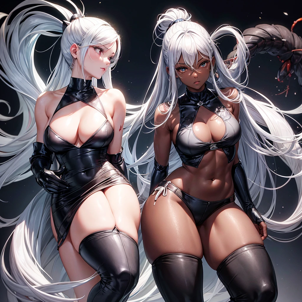 Silver hair ponytail, A dark-skinned woman wearing a black dress shirt and slim jeans is preparing fried shrimp。. Showing your belly button Alluring thighs A lot of fried shrimp