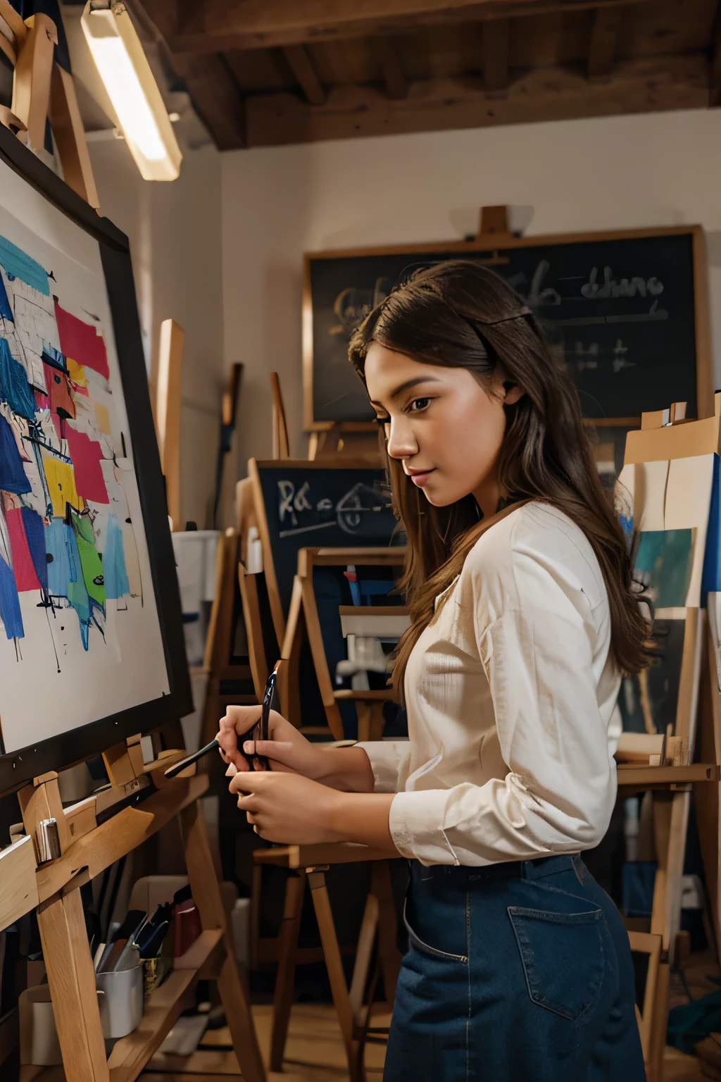 Beautiful girl drawing on an easel in an artist's workshop