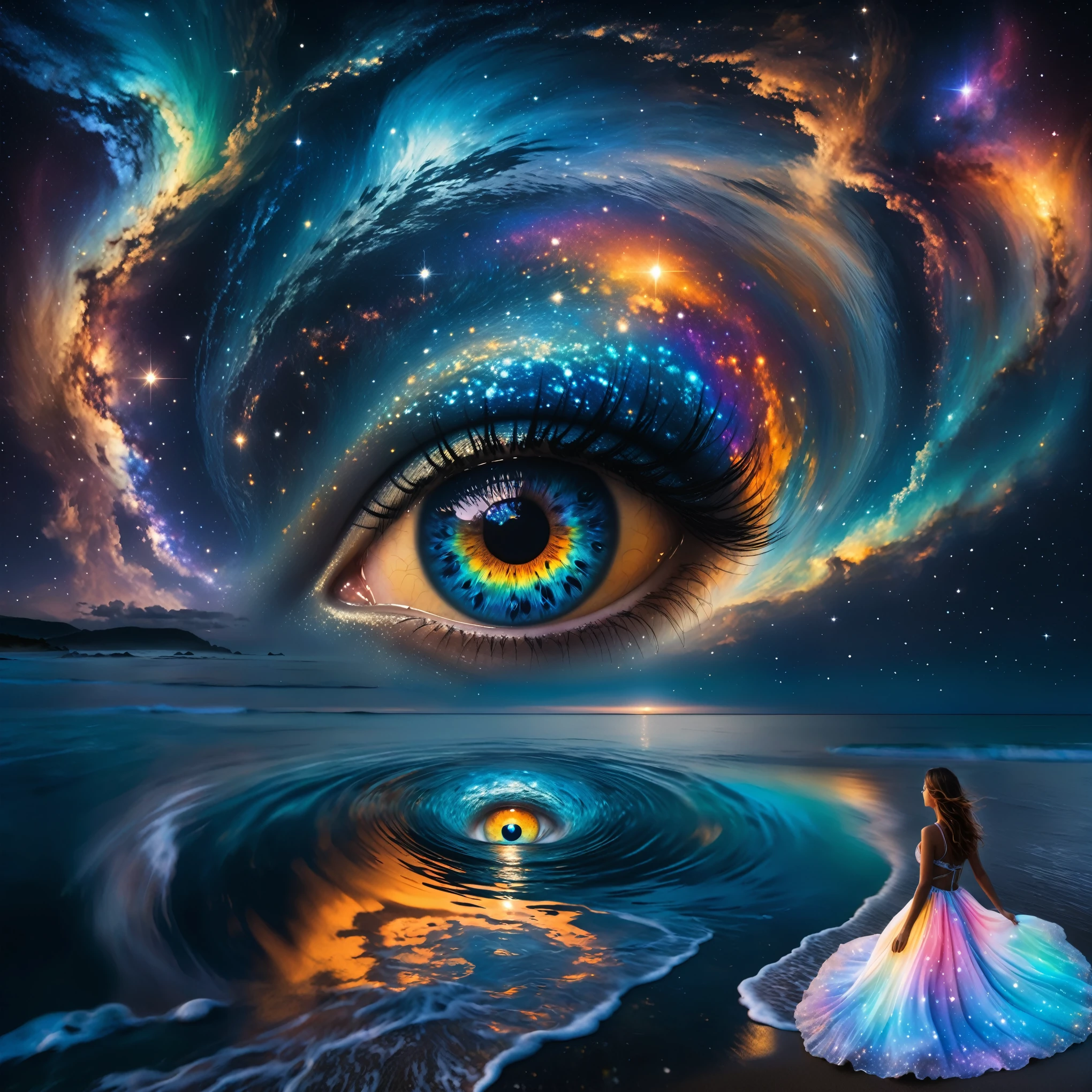 ((Masterpiece in maximum 16K resolution):1.6),, ((Ultra-Detailed):1.4),((Movie-like still images and dynamic angles):1.3), ((Ultra wide angle):1.5),masterpiece, background with ((fantastic starry sky, Meteors, trou noir)) 、with a detailed celestial eye with iris is colored in shades of blue dominating ,profondeur ((planètes lumineuses))、regardant vers le haut, Below, a tranquil, glassy expanse of ((water reflects the eye and the surrounding cosmos)). un petit œil comme la pleine lune hypnotique haut dans le ciel, surrounded by galaxies and swirling stars,with visible constellations, vortexes of stars, galaxies and nebulae, wisps of cosmic dust, L'œil doit refléter les couleurs et les détails cosmiques, cils en or, l'oeil image is visible in the sea tides,On the shore below, on the right, the silhouette of a beautiful woman stands in the ocean foam, where the glowing skirt of her dress becomes neon, swirling in the ocean water under the foam of the gentle waves lapping on the beach