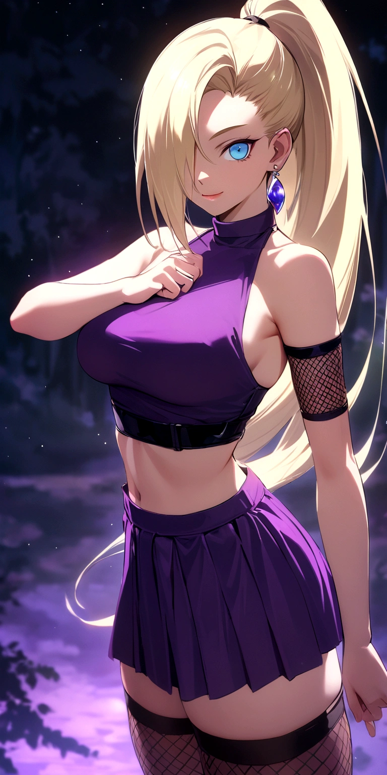 masterpiece, best quality, very aesthetic, absurdres,
yamanaka_ino, naruto_(series), naruto_shippuuden,blonde_hair,long_hair,  high_ponytail,  hair_over_one_eye,  blue_eyes, bare_shoulders, purple crop_top, earrings, Fishnet elbow pads, jewelry, large_breasts,  midriff, purple skirt, Fishnet stockings,  thighhighs,  smile, solo, standing, in park,looking_at_viewer, 