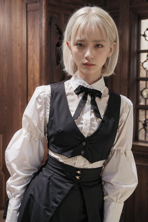 Girls, White hair, short hair, Yellow Eyed, Small Breasts, cat hair accessories, Side lock, White hair, shiny hair, , (Golden Eyes: 1.2), (There are two long triangle extensions on the skirt, Abdominal vest), White buttons for vest corset, (Wear a short-sleeved striped shirt under the vest), (The sleeves end close to the arms), (There is a thick black ribbon around the neck), ( Magenta skirt),