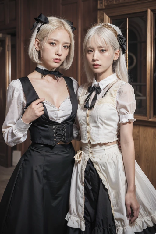 Girls, White hair, short hair, Yellow Eyed, Small Breasts, cat hair accessories, Side lock, White hair, shiny hair, , (Golden Eyes: 1.2), (There are two long triangle extensions on the skirt, Abdominal vest), White buttons for vest corset, (Wear a short-sleeved striped shirt under the vest), (The sleeves end close to the arms), (There is a thick black ribbon around the neck), ( Magenta skirt),