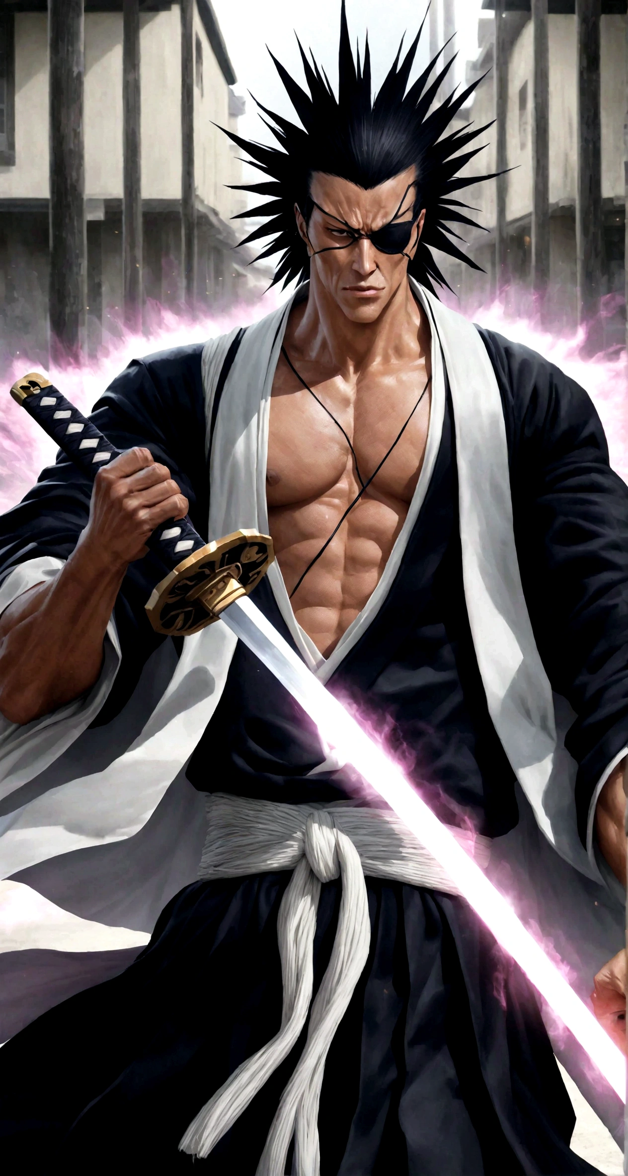 zaraki kenpachi from the bleach universe, wearing eyepatch, wielding a katana, glowing aura circling his body, powerful, imposing, high school compound, photorealistic