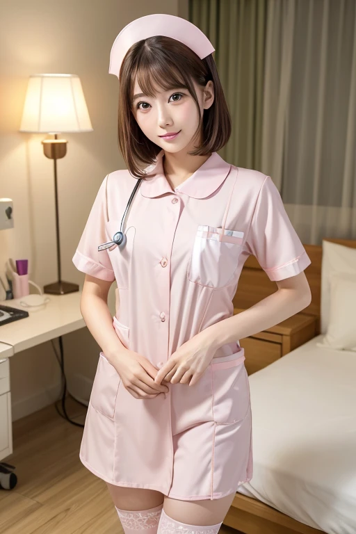 Best image quality、8k、masterpiece:1.3))、Realistic high-quality photos、highest quality、Girl cute beautiful face、Beautiful 24 year old Japanese girl、Photos of slim models、Beautiful girl model、若いJapanese girl、Young and pretty face、Japanese girl、24 year old female model、Beautiful model girl、The innocent look of the girl next door、A lovely and delicate face、Brown Hair、Beautiful brown eyes、Tear bags、drooping eyes、Young Body、(Ultra-oily, lustrous skin with attention to detail:1.1)、Knee socks、(The perfect pink nurse costume:1.5)、Black Hair、Pink panties、short hair、Swinging Hair、(hospital:1.2)、Night Scenery、Hospital room、bed、standing、Sexy pose、bedの上でひざまずく、fingersmile