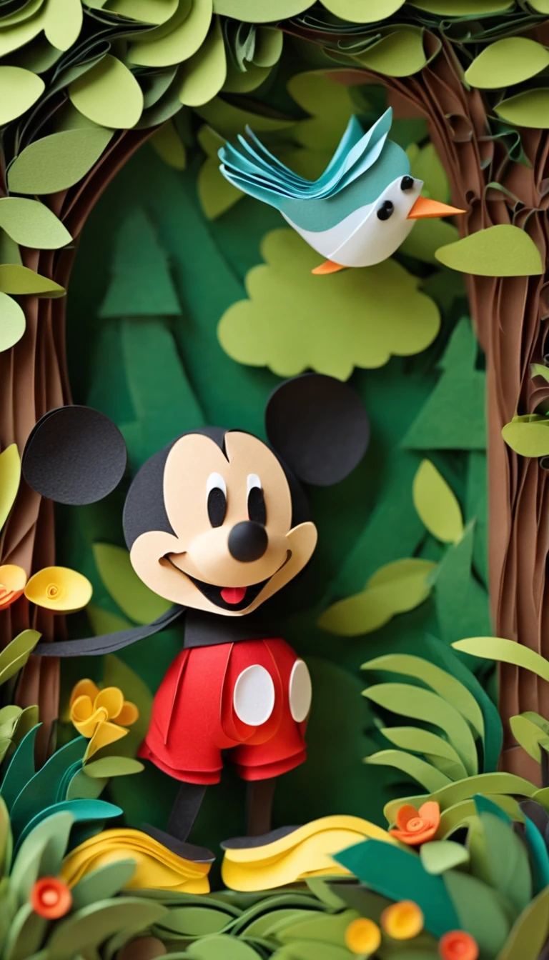 Paper quilling Mickey Mouse in the forest,Multidimensional origami stitch style illustration,Paper seam style snake, a small paper quilling bird is flying,