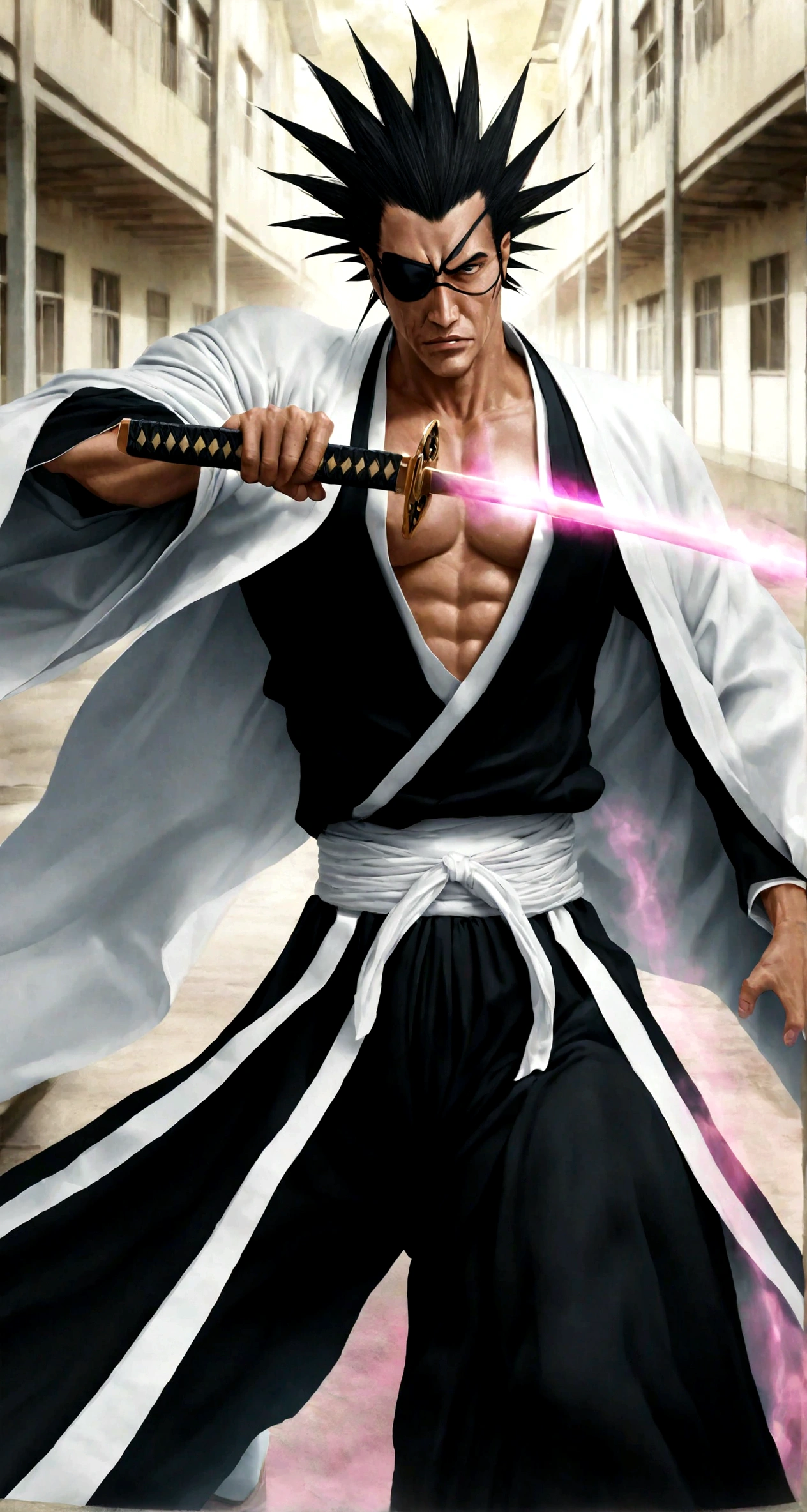 zaraki kenpachi from the bleach universe, wearing eyepatch, wielding a katana, glowing aura circling his body, powerful, imposing, high school compound, photorealistic