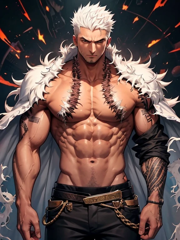 Hellish brute, short spikey white hair, black streaks in hair, covered in tattoos scars and cuts, wearing a torn shirt and torn coat, long white robe pants, muscular behemoth