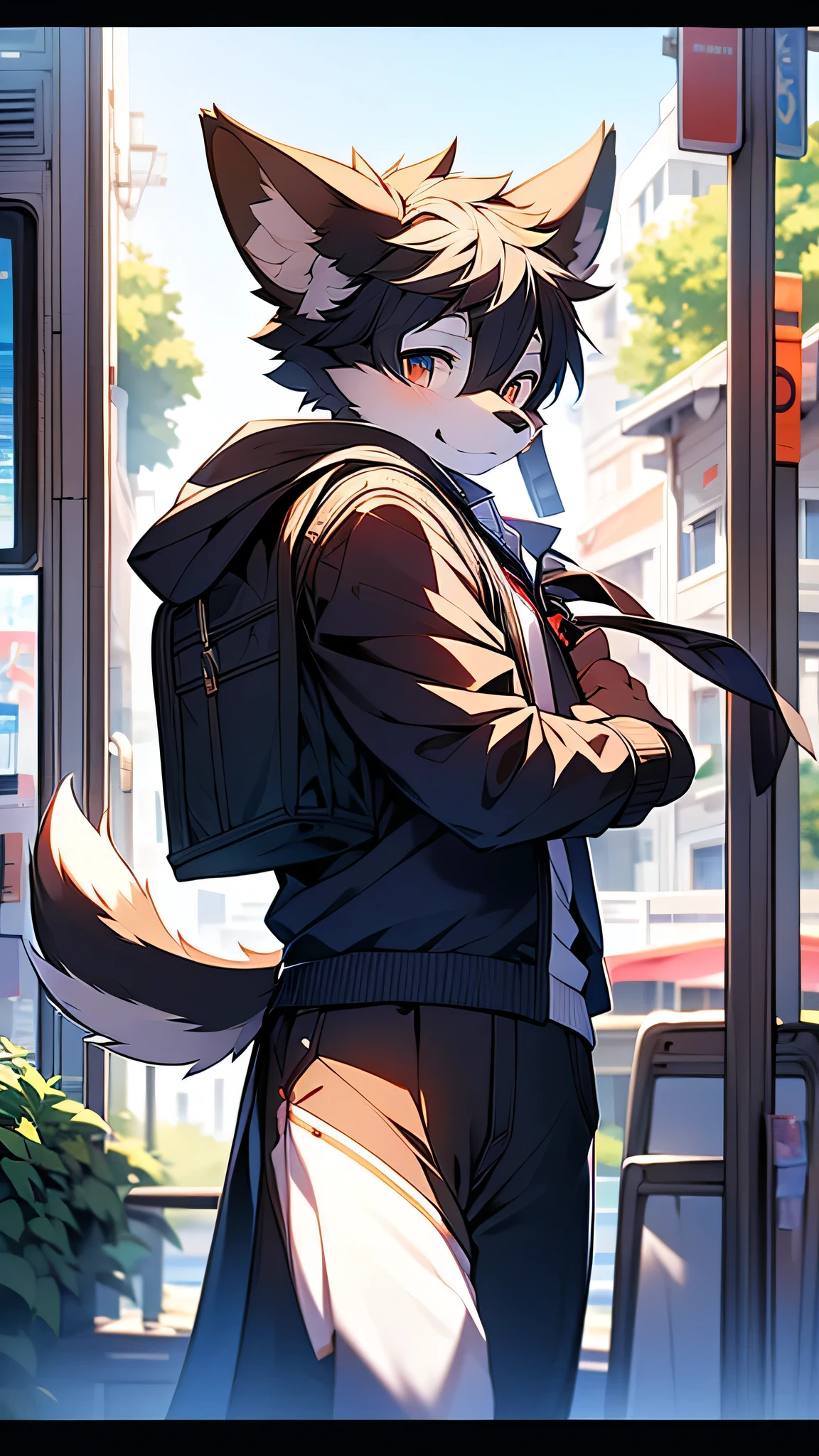 Border collie boy，high school student，uniform，Age ************，go to school by train，tail， 4K ultra-vivid，high resolution，