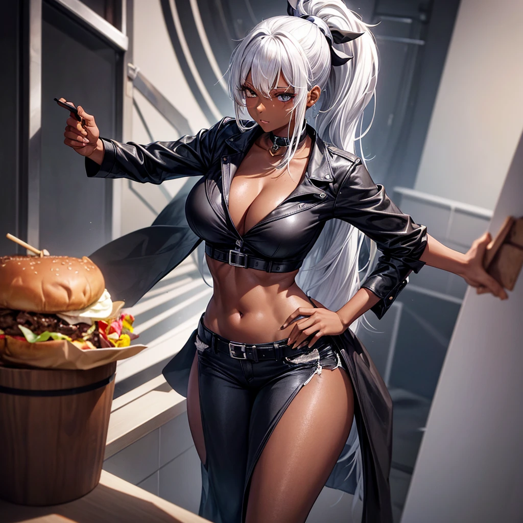 Silver hair ponytail, A dark-skinned woman in a black dress shirt and slim jeans is making a kebab burger。.　Showing your belly button　Alluring thighs