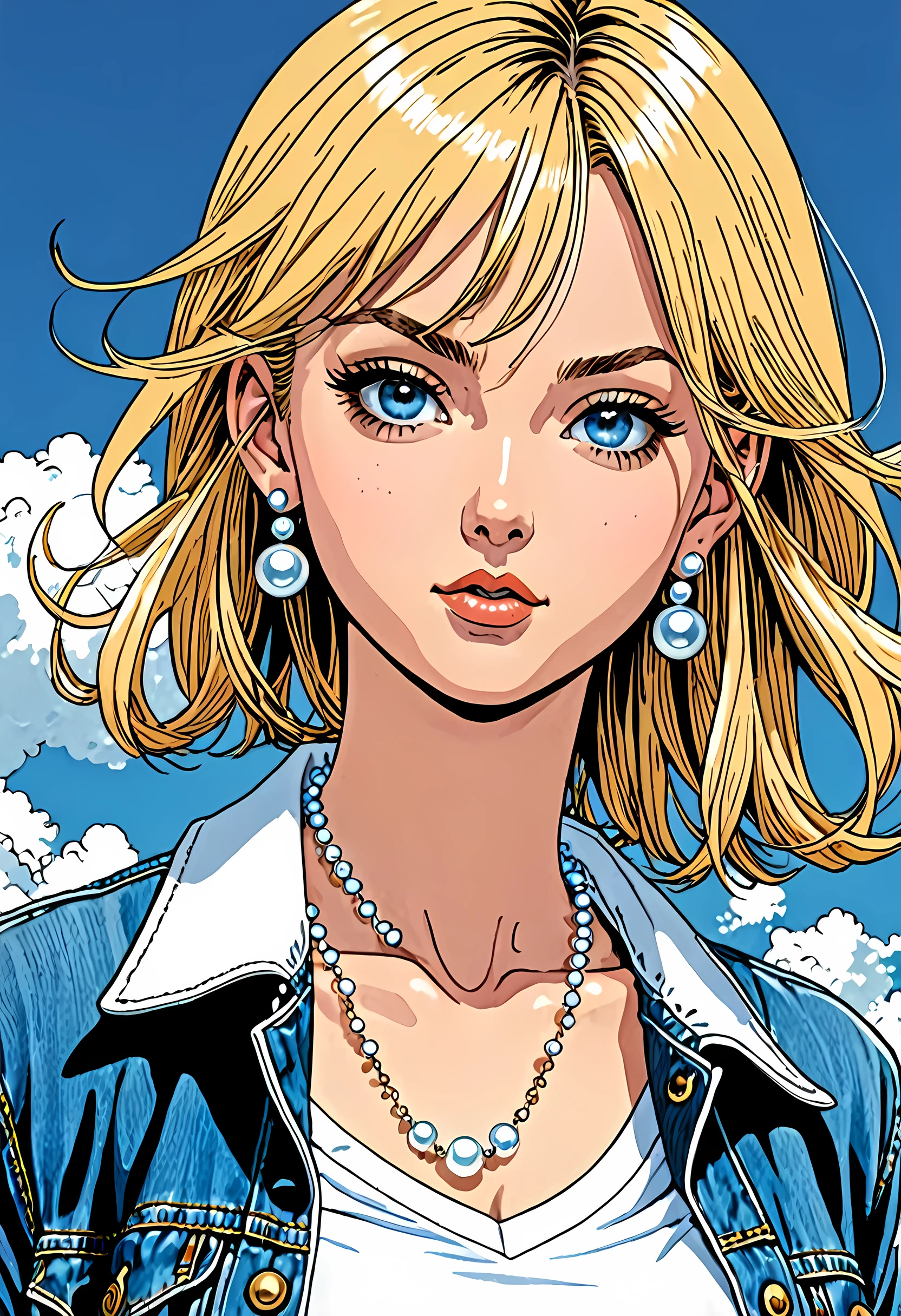 (Best quality, masterpieces, line drawings, line art,by Akira Toriyama:1.1),1girl,Mean Girl,blonde hair,short hair,centre parting bangs,blue eyes,sharp_eyes,slanted_eyes,Unfriendly eyes,Fierce expression,earrings,pearl necklace,White short-sleeved V-neck T-shirt with a blue denim crop jacket，Black JK Skirt, Over-the-Knee Socks,Wind, outdoors, wild wasteland,Blue sky, from an upward perspective