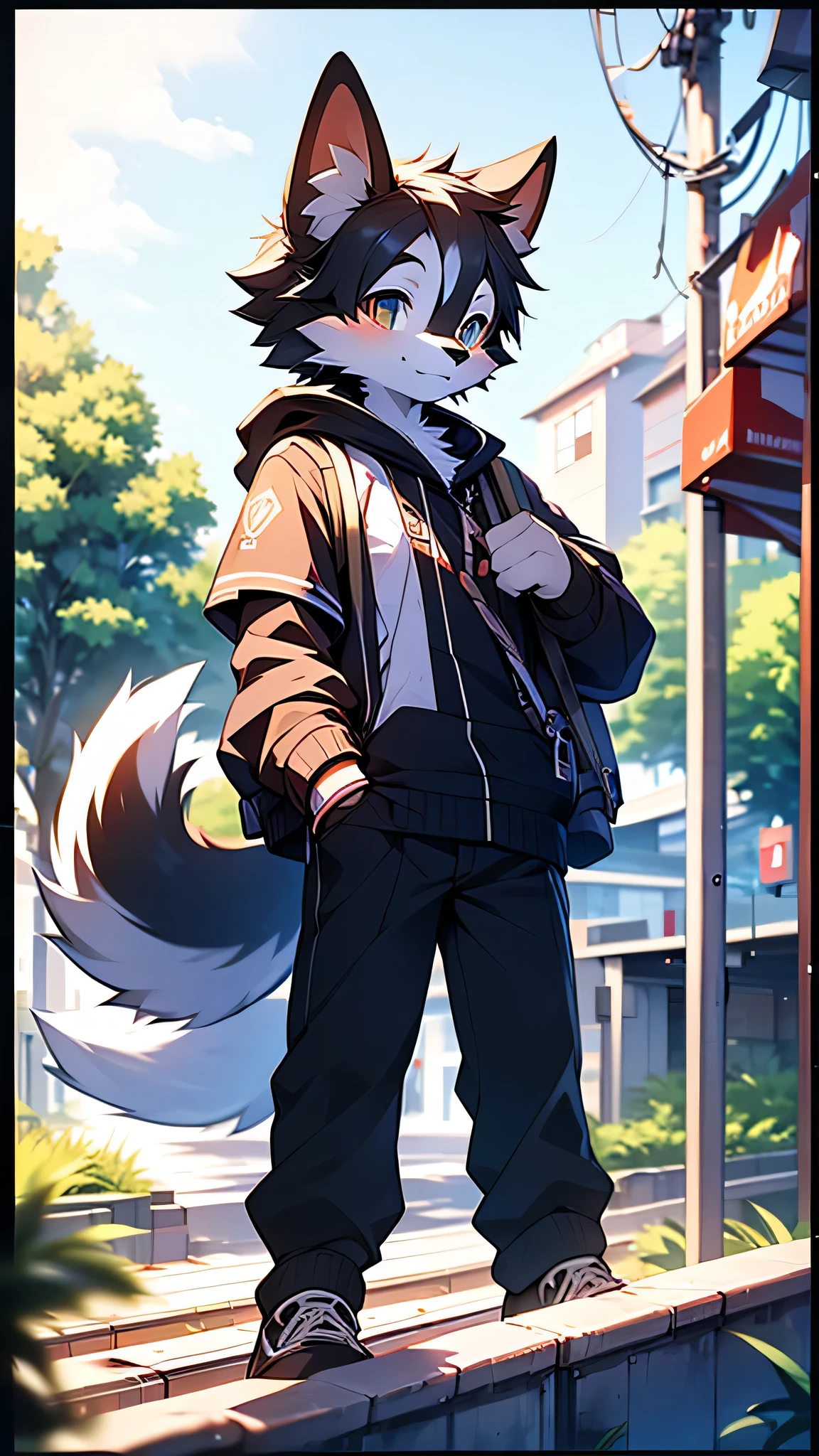Border collie boy,high school student,uniform,Age ,go to school by train,tail, 4K ultra-vivid,high resolution,