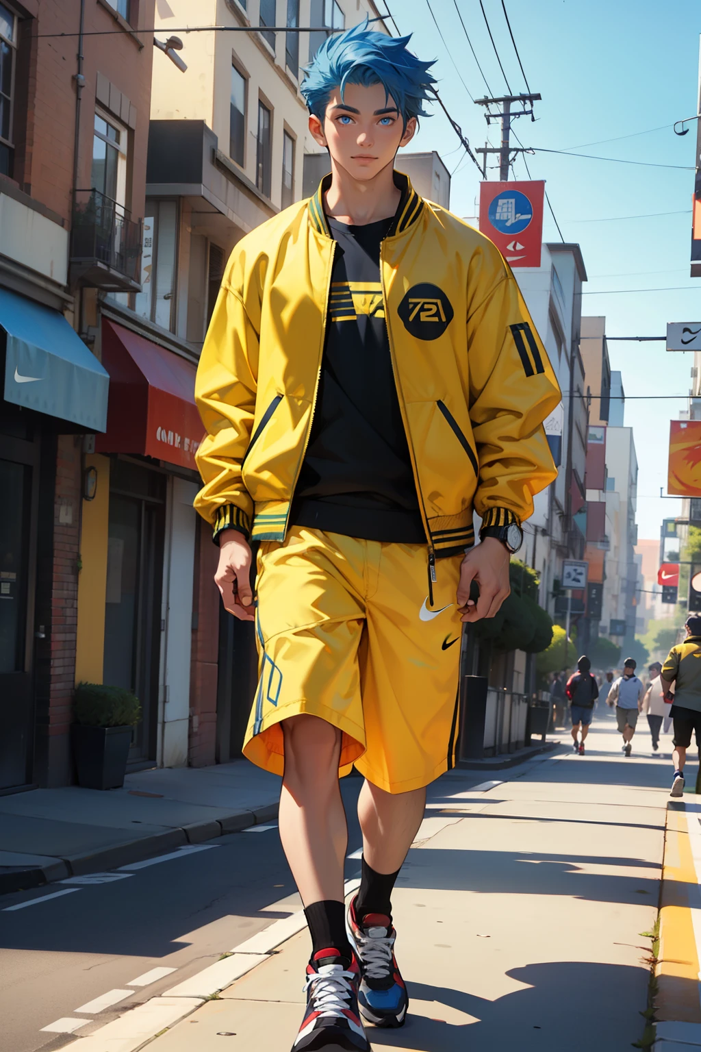 18-year-old boy, full body shot, defined face, short, blue hair, blue eyes, ((yellow jacket)), Pac-Man outfit, nike sneakers, walking in the city, afternoon, beautiful sky, summer, 8k, tmasterpiece