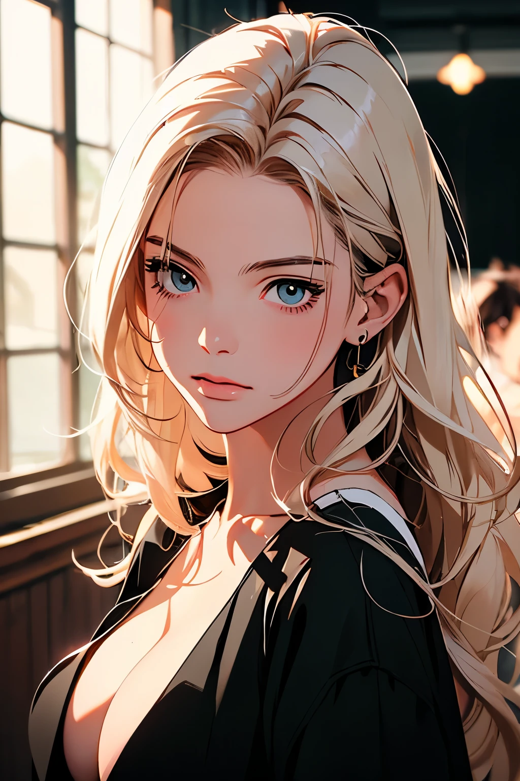 2D illustration, anime, portrait в изобразительном искусстве, in manhwa style, Bishamon from Noragami, 1 Girl, blond long hair, big hair, curly hair, {{фиоsummerвые глаза}}, draw up, Beautiful, a high resolution, masterpiece, Best quality, high detail, high detailed eyes, Grain filter, Detailed lips, a high resolution, ultra detailed, portrait, Caucasian Woman, Realistic proportions, Anatomically accurate, rosy cheeks; dark lighting, High quality, Awarded, a high resolution, 8K,, summer, obscene, Granularity, Илфорд HP5, 80 mm, strong soman, confident, Black clothes, (piece of art:1.2), better quality, pixiv, cool girl, glorious, blond hair, two, short shorts, big chest, brilliant earnings