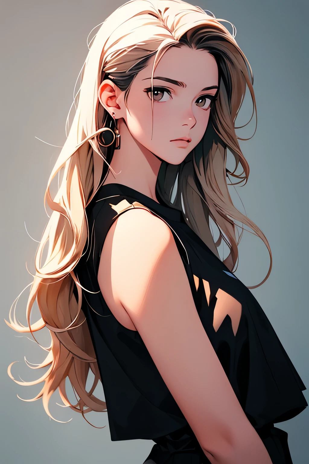 2D illustration, anime, portrait в изобразительном искусстве, in manhwa style, Bishamon from Noragami, 1 Girl, blond long hair, big hair, curly hair, {{фиоsummerвые глаза}}, draw up, Beautiful, a high resolution, masterpiece, Best quality, high detail, high detailed eyes, Grain filter, Detailed lips, a high resolution, ultra detailed, portrait, Caucasian Woman, Realistic proportions, Anatomically accurate, rosy cheeks; dark lighting, High quality, Awarded, a high resolution, 8K,, summer, obscene, Granularity, Илфорд HP5, 80 mm, strong soman, confident, Black clothes, (piece of art:1.2), better quality, pixiv, cool girl, glorious, blond hair, two, short shorts, big chest, brilliant earnings