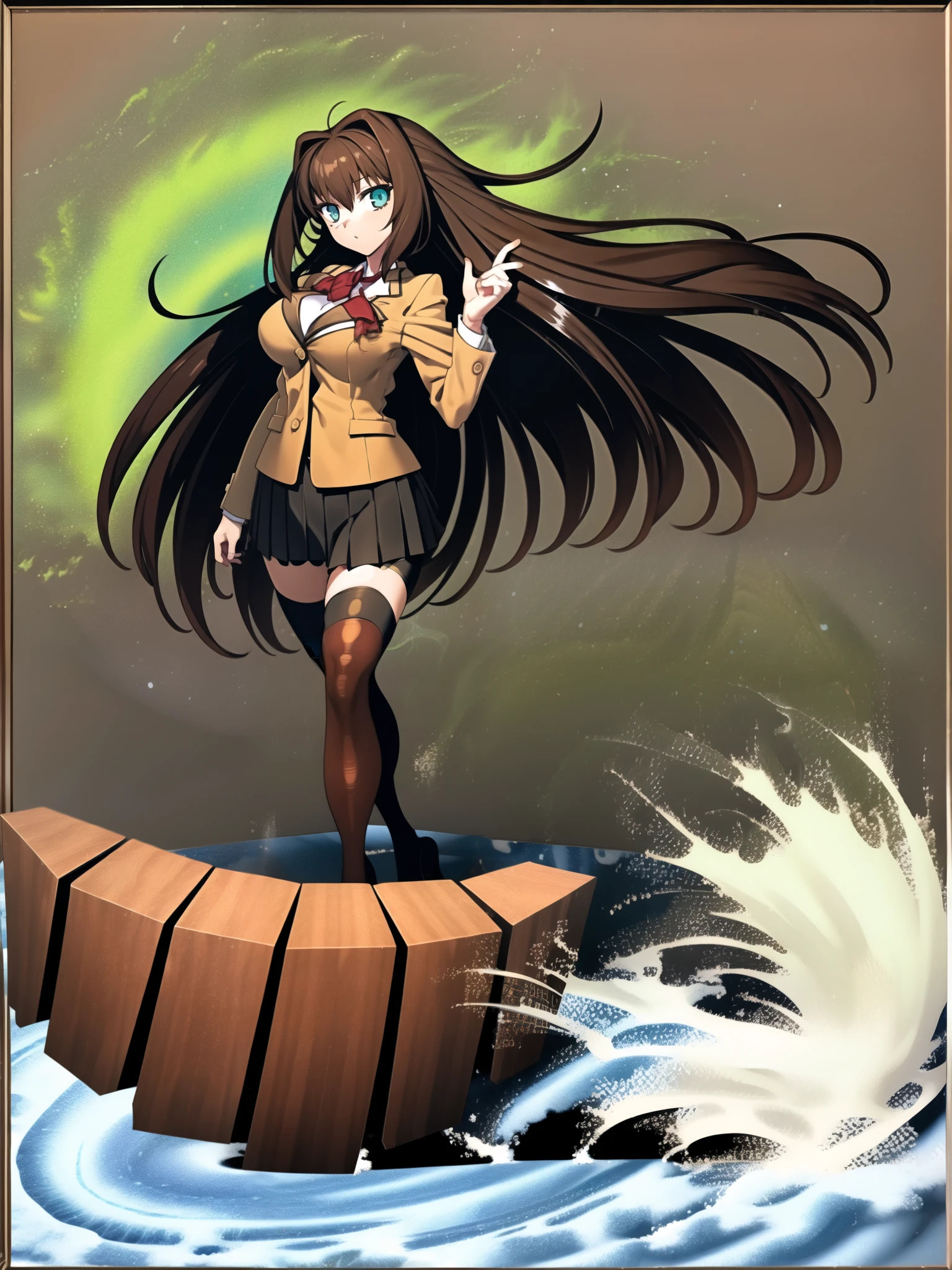 BREAK, blank background, white background, (EMPTY BACKGROUND), BREAK (masterpiece:1.2), best quality, high resolution, 8k, illustration, (beautiful detailed eyes:1.6), extremely detailed face, extremely detailed, CG, perfect hands, perfect anatomy, (((1girl:1.5))), (((solo))), (((bbaoko:1)), (((2 legs max:1.7))), (((2 feet max:1.6))), ((swirling vortex shaped longest brown hair:1.5)), (brown longest hair with slightly reddish undertone:1.6), (lush luscious longest brown hair:1.6), (very long voluminous longest brown hair:1.5), serious, blue eyes, red bowtie, (Form-fitting beige blazer:1.5), brown jacket, (highly detailed beautiful face:1.2), (white shirt:1), (well shaped large breasts:1.6), (nice hips:1), (((Umber pleated thigh-high skirt:1.6))), (((black bike shorts:1.4))), (nice visible thighs:1.6), (black kneesocks:1.6), (strap shoes brown color), (facing front:1.5), ((standing straight:1.5)), ((Fullbody in frame:1.6)), ((Full body:1.5))