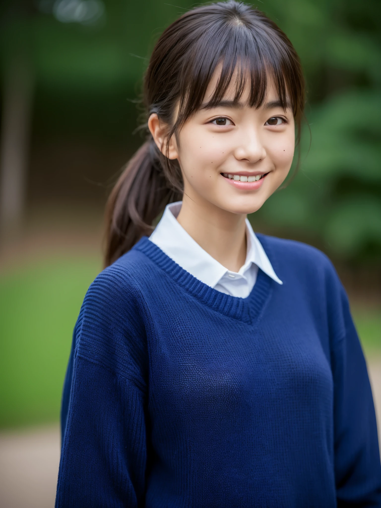 ((of the highest quality, 8K, masutepiece: 1.3)), Beauty, 1 Japan Girl, dark brown hair, 15 years old, , Smile, Stand near the classroom window, brunt bangs, lower ponytail, Face Focus, Detailed face, very detailed lips, Detailed eyes, Double eyelids, Sweaty skin: 1.2, (((School uniform, dark blue sweater,)))