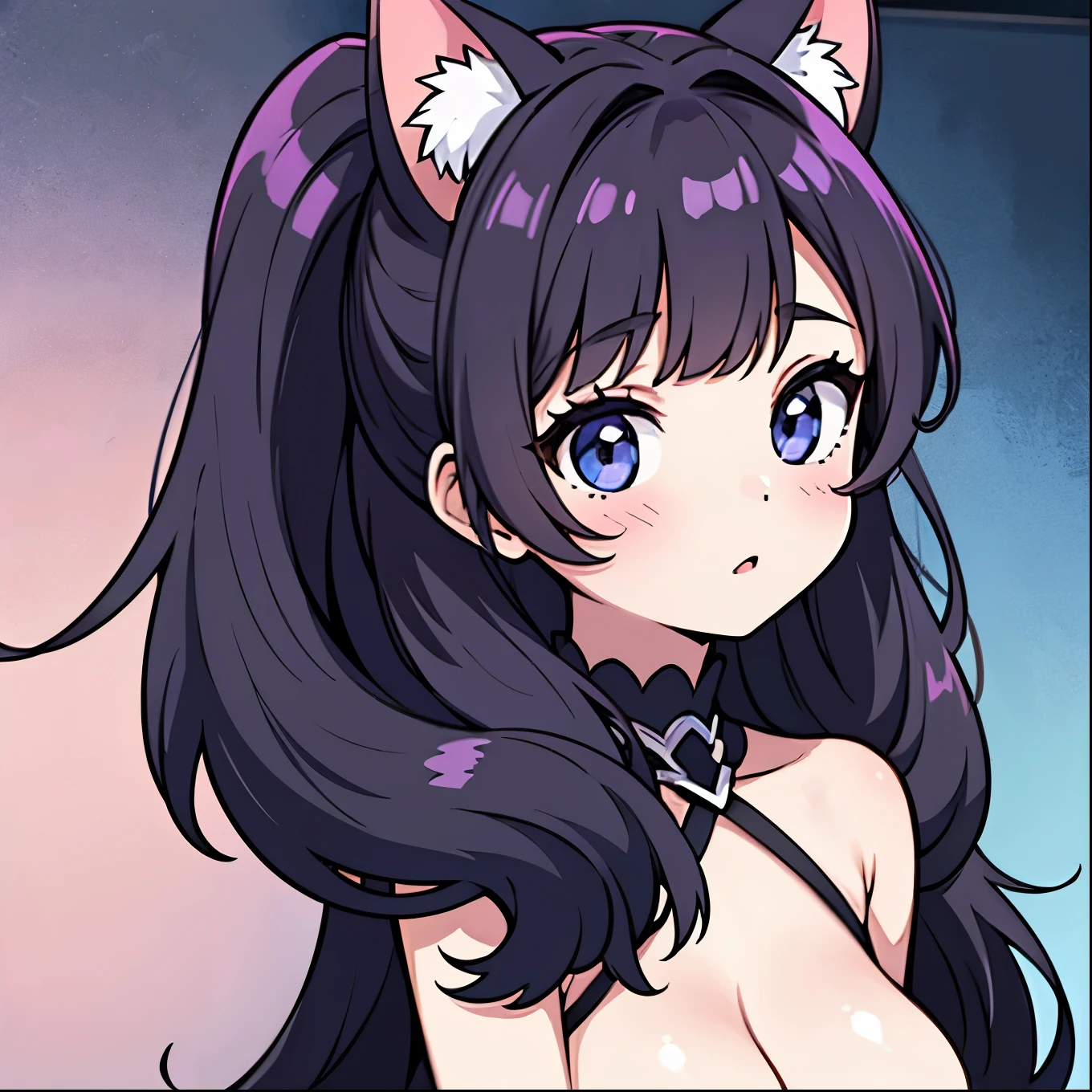 fille animée avec de gros seins et des oreilles de cat, anime fille chat, cheveux noir et style adulte.