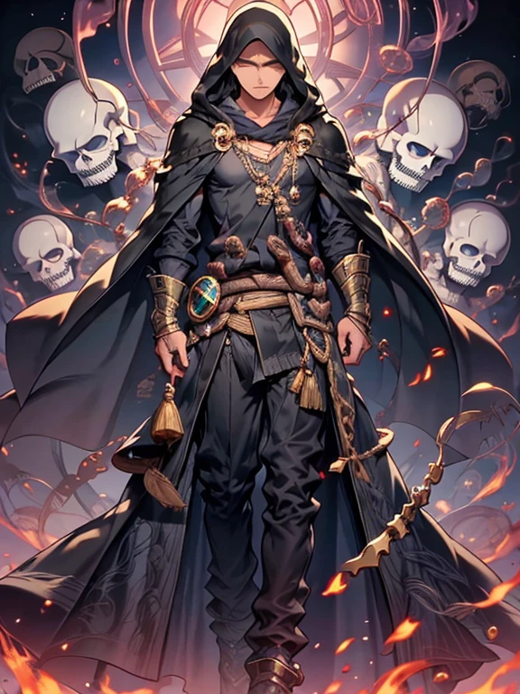 a Man, His figure, muscular, thin, ectomorph, shirtless, proper direction, black skull makeup, grim face, black makeup, long white hair color, dark magenta eyes, pale skin, grimoire, arabian magician rag wrapped around the bottom, gauntlet, wizard's hood, properly drawn grimoire, cloth wrapped around waist, grimoire properly drawn in hand, digital illustration, extreme detail, digital art,a, metallic boots, fully armored, cloth wrapped around the waist.